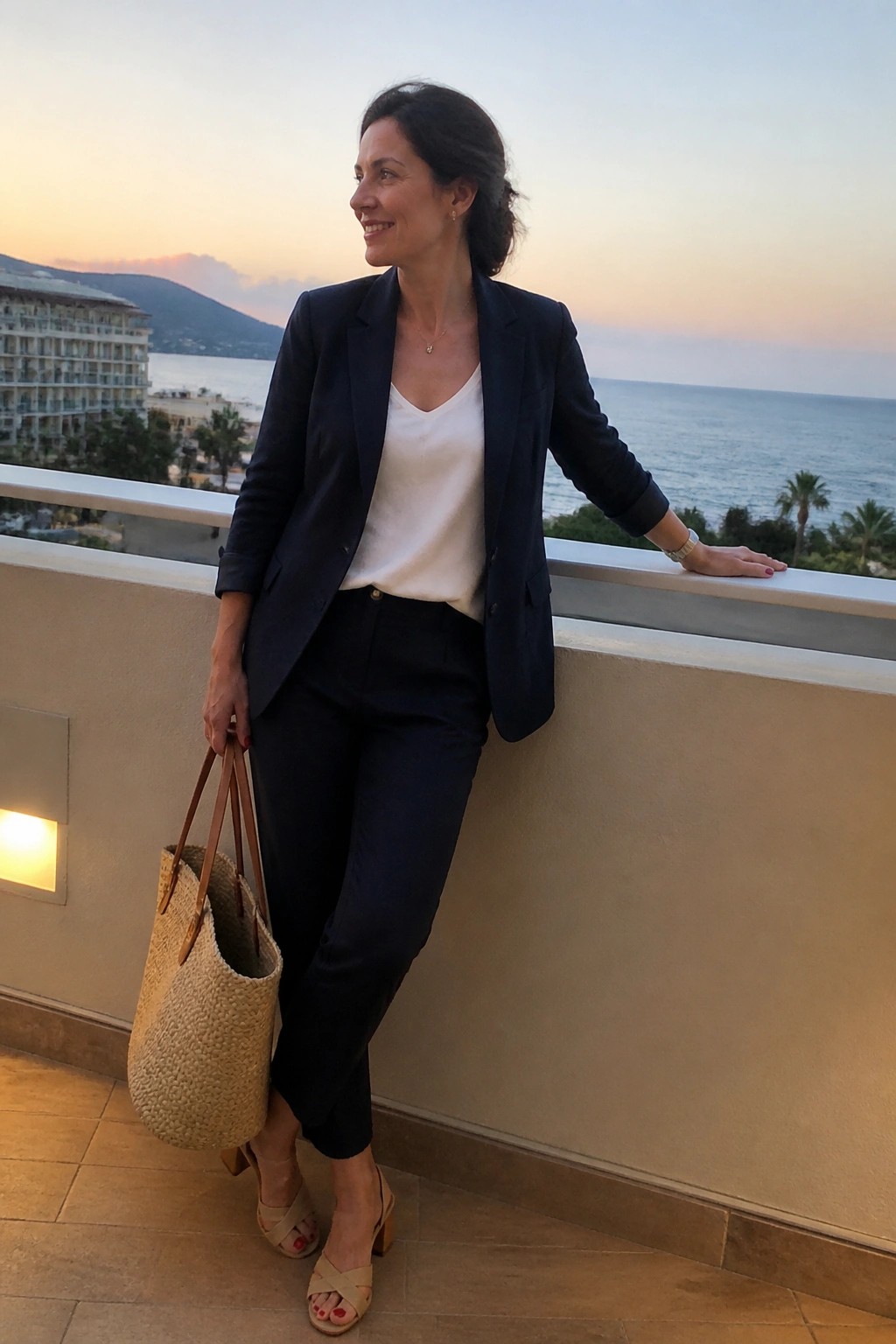 Woman in navy suit leans on balcony overlooking sea at sunset holding woven bag