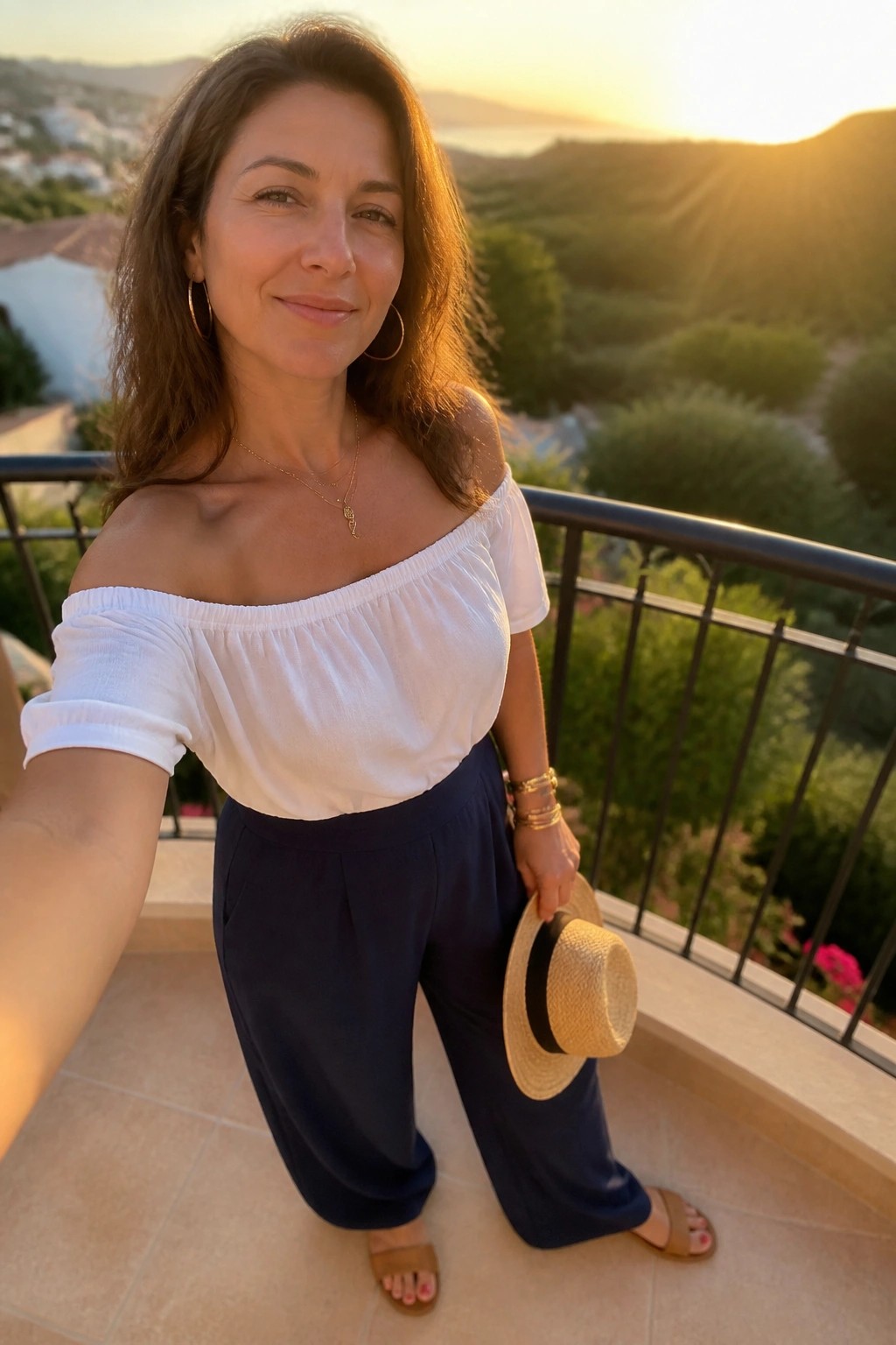 Woman in white off-shoulder short sleeve top and navy wide leg pants holding a straw hat with gold jewelry and brown sandals.