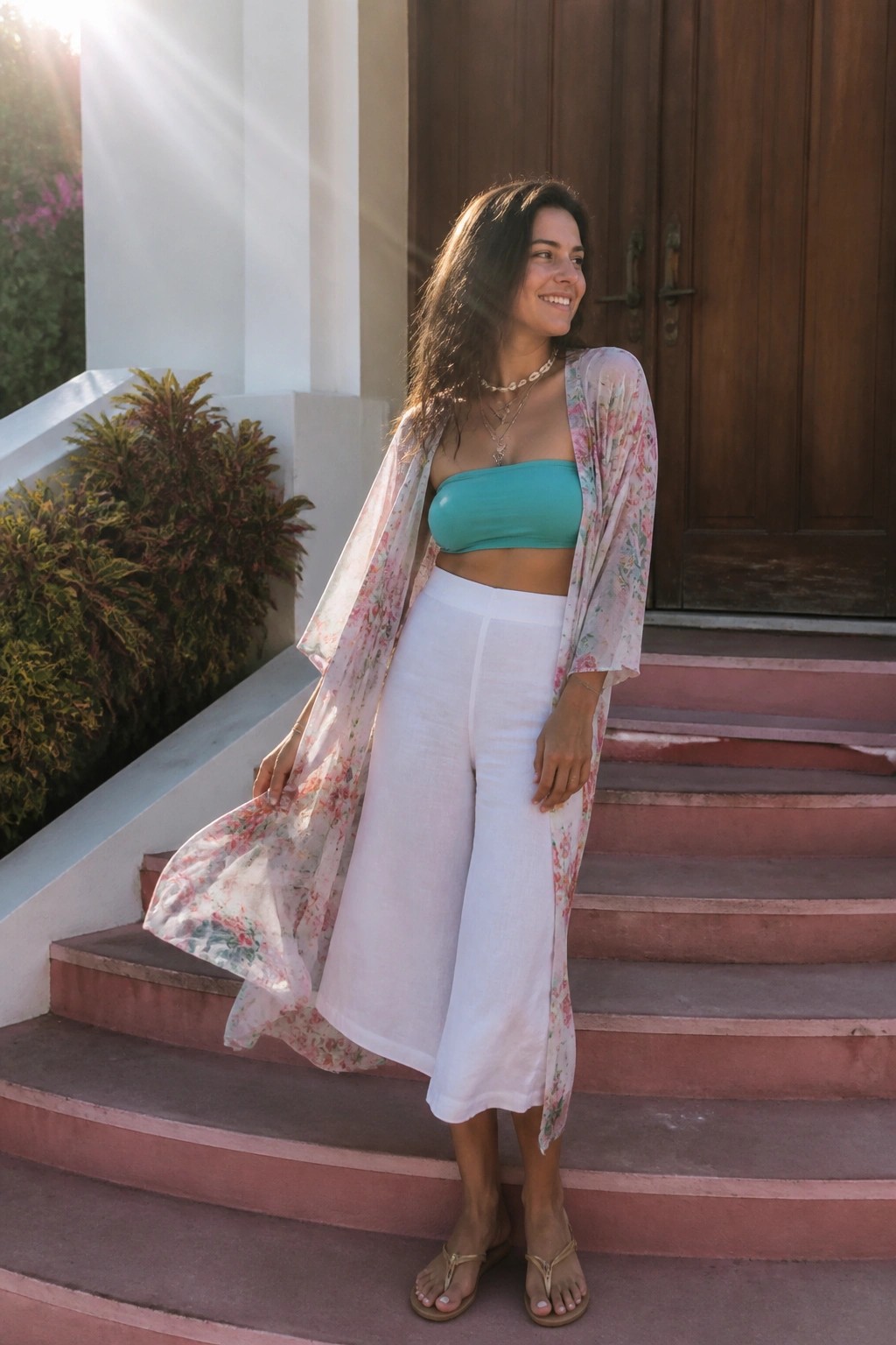 Woman in turquoise top, white pants, floral kimono on pink steps in sunlight