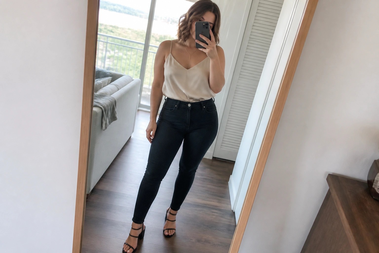 Woman wearing a beige satin camisole tucked into black skinny jeans with black block heel sandals and a thin gold necklace while taking a mirror selfie.