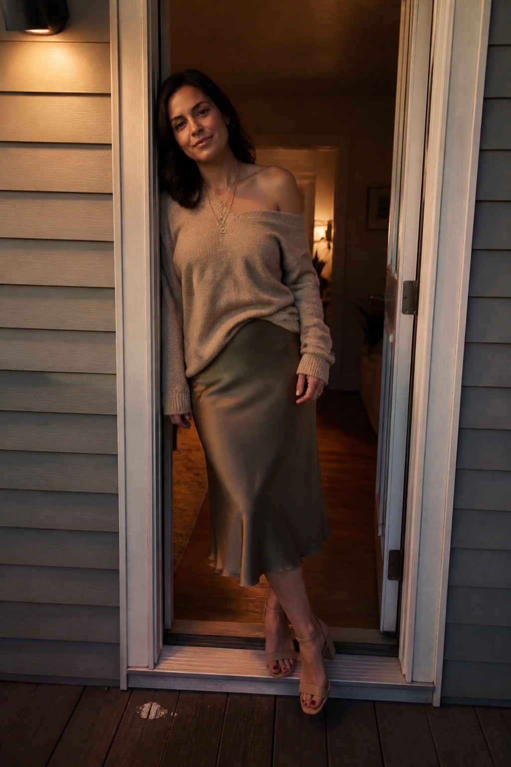 Woman in beige off-shoulder sweater and olive satin skirt standing in doorway