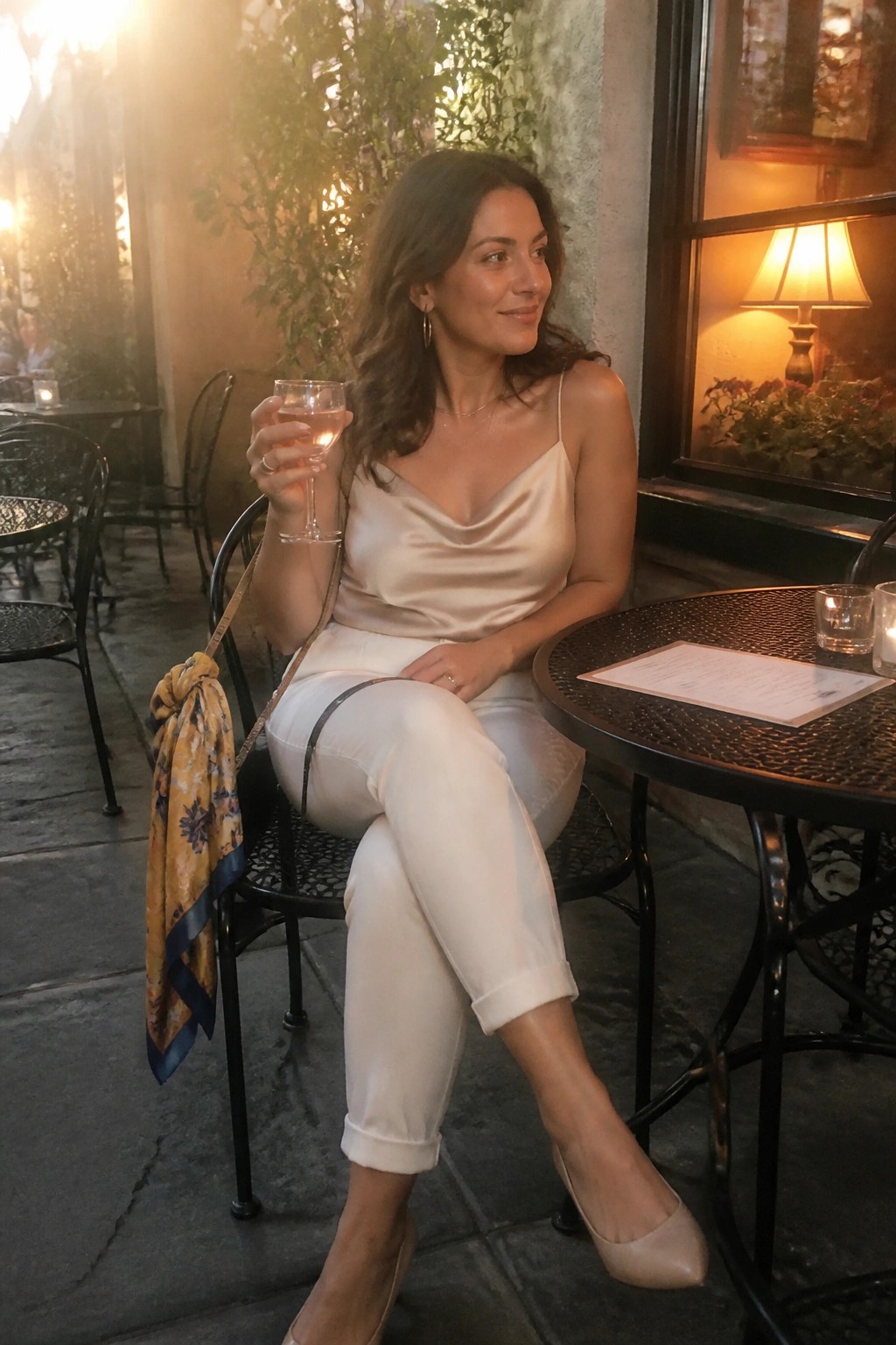 Woman in satin camisole and white pants holding wine glass at outdoor table