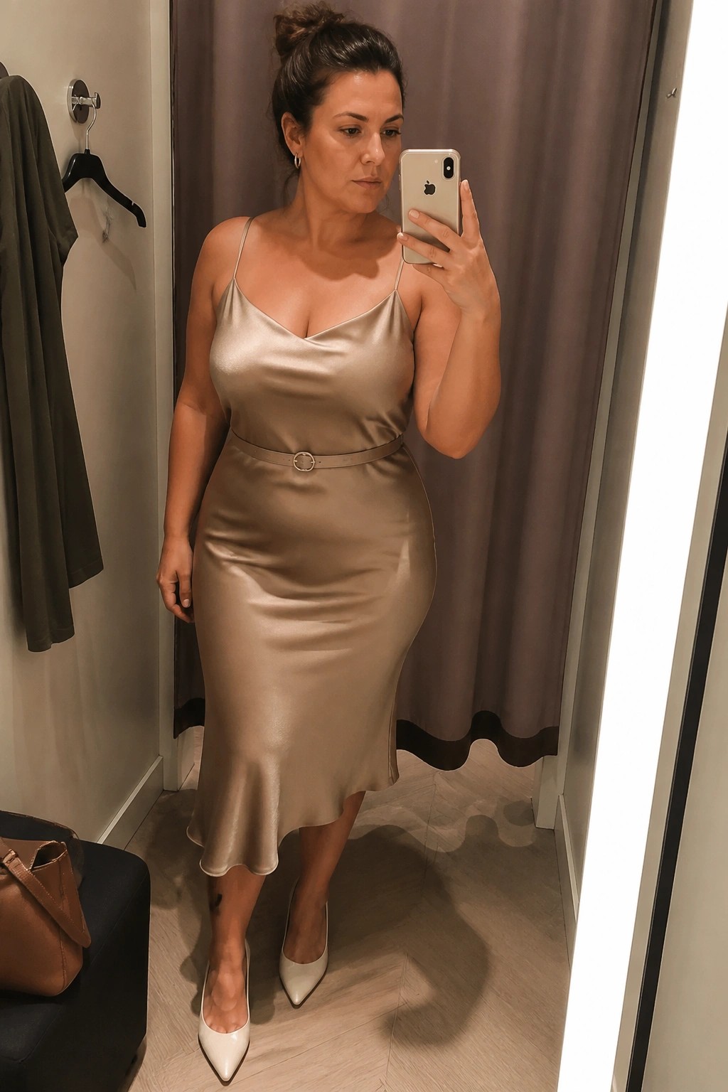 Woman in beige satin slip dress taking mirror selfie in fitting room with white heels