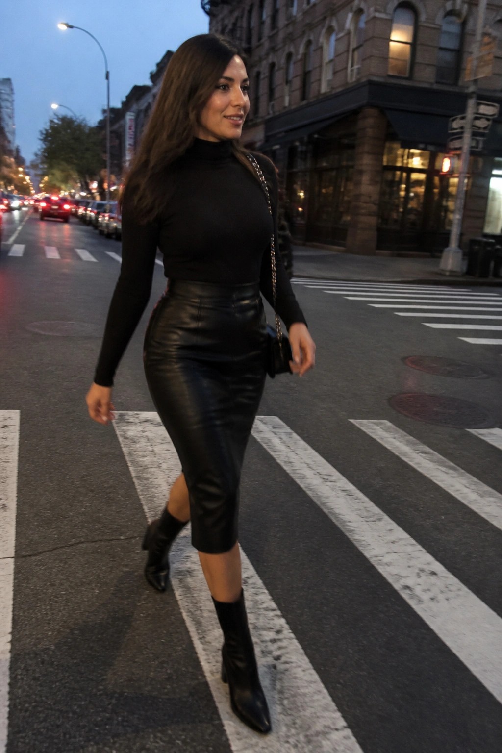 Woman in black turtleneck and leather skirt crossing city crosswalk at dusk