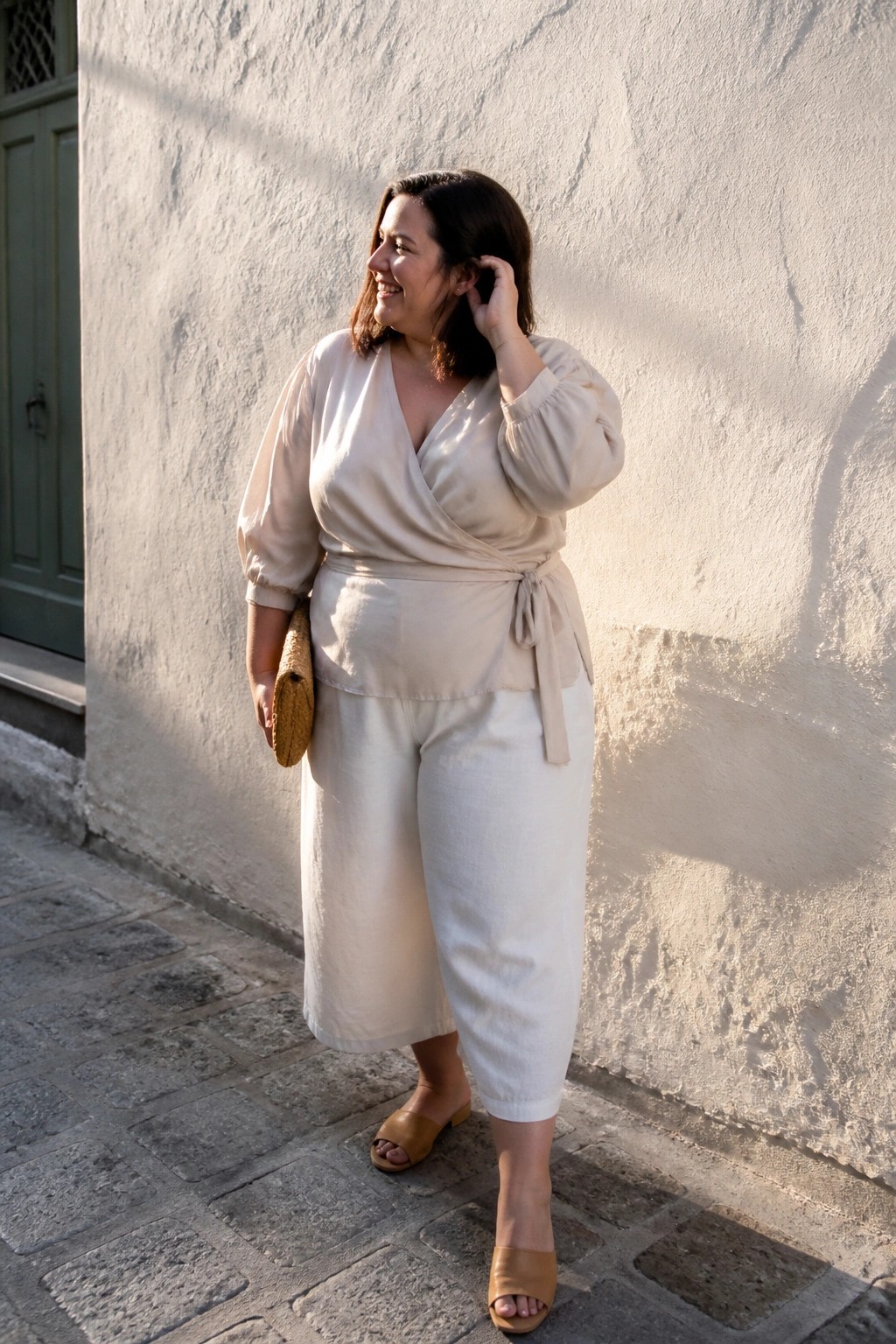 Smiling woman in beige wrap top and white wide-leg pants by wall.