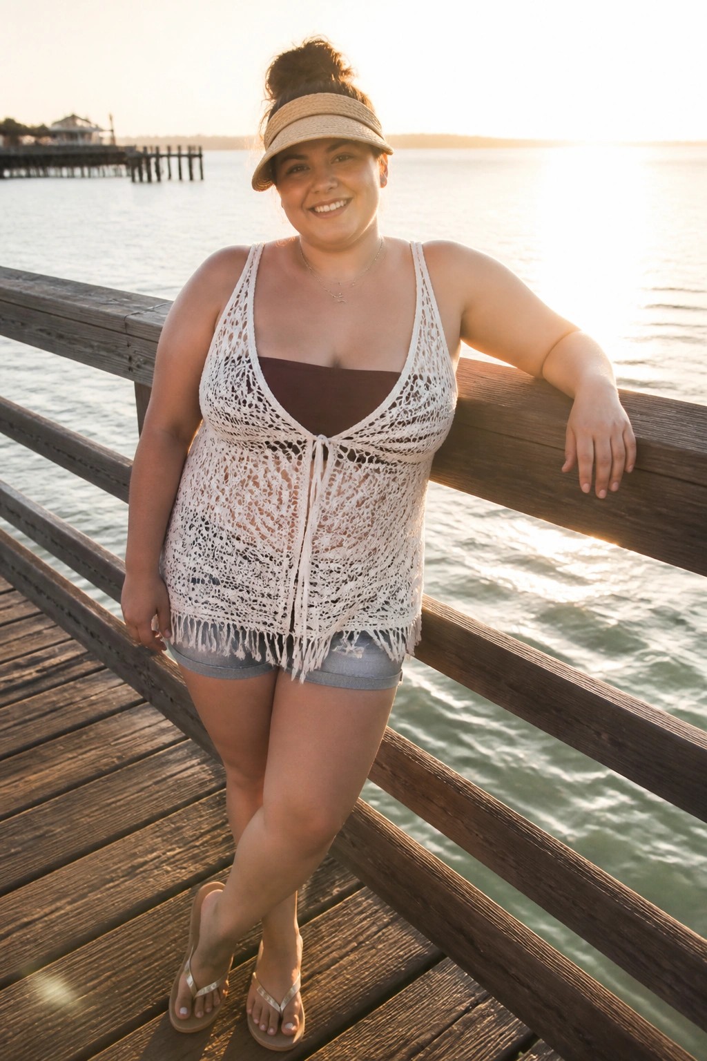 Woman in white fringed crochet top and visor on wooden pier at sunset