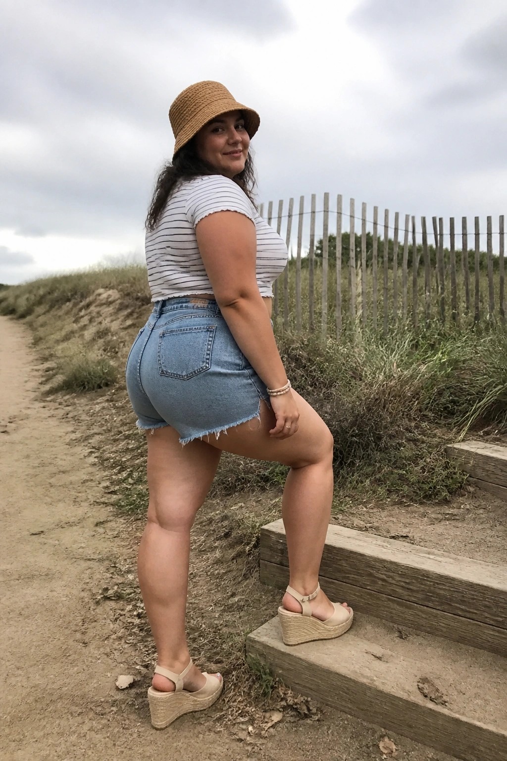 Plus size woman wearing light wash denim shorts with a white and navy striped crop top, brown bucket hat, and beige wedge sandals while posing on wooden steps near a path.