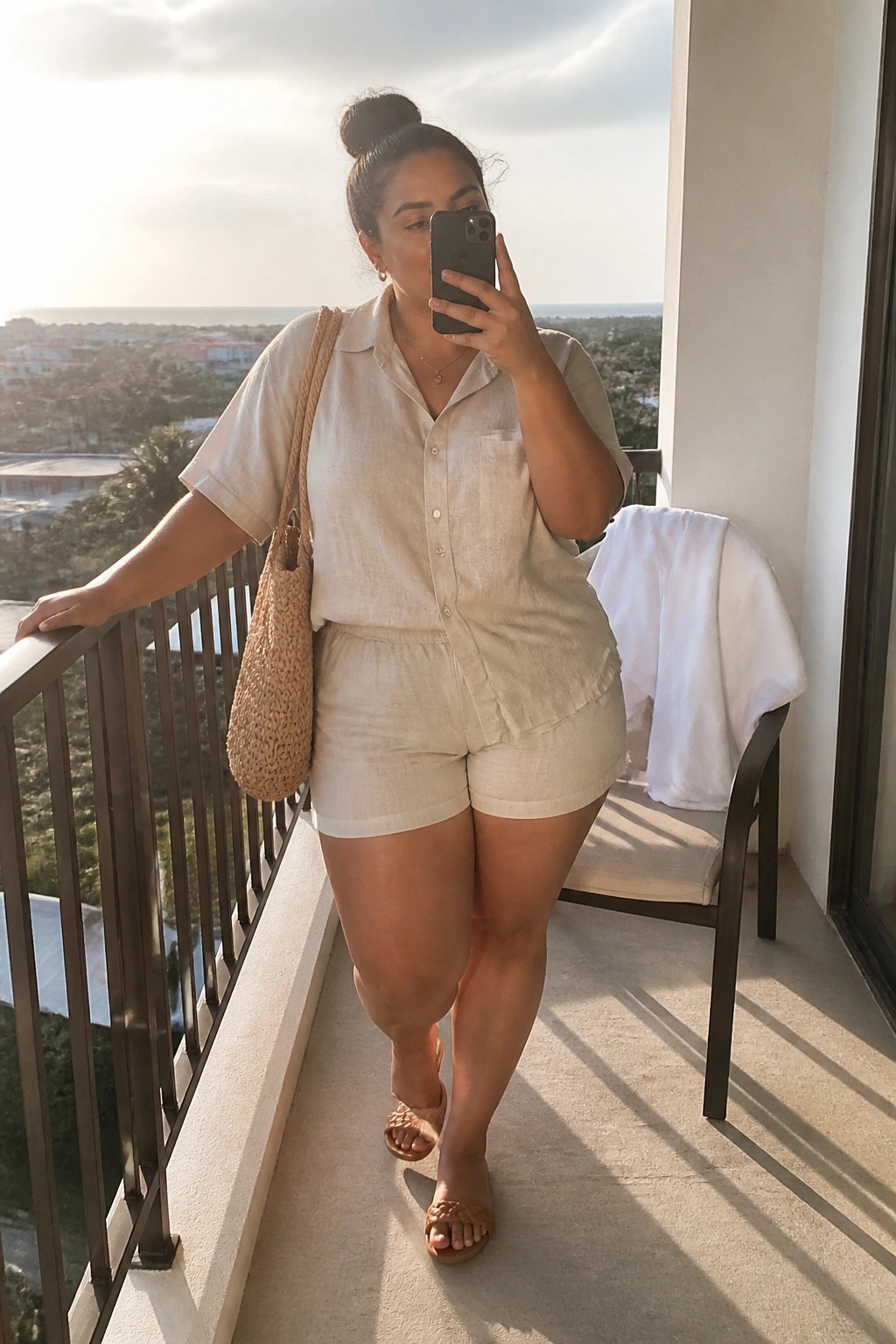 Plus size woman wearing a cream linen button up short sleeve shirt and matching shorts with a woven straw tote bag and flat woven sandals standing on a balcony.