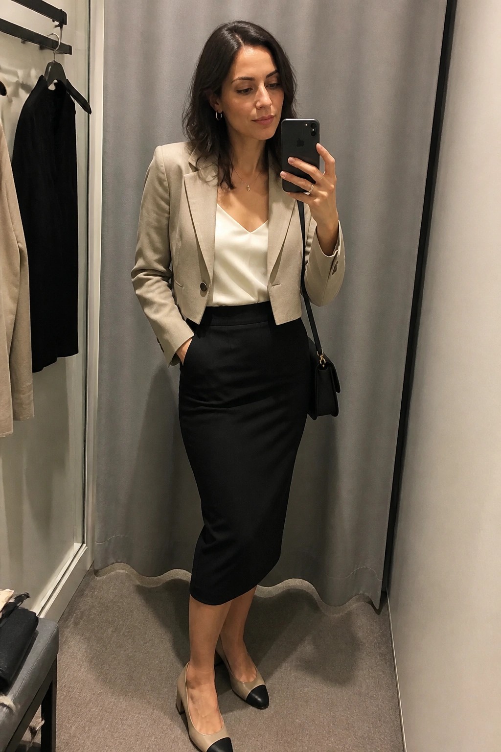 Woman in beige cropped blazer and black pencil skirt taking mirror selfie