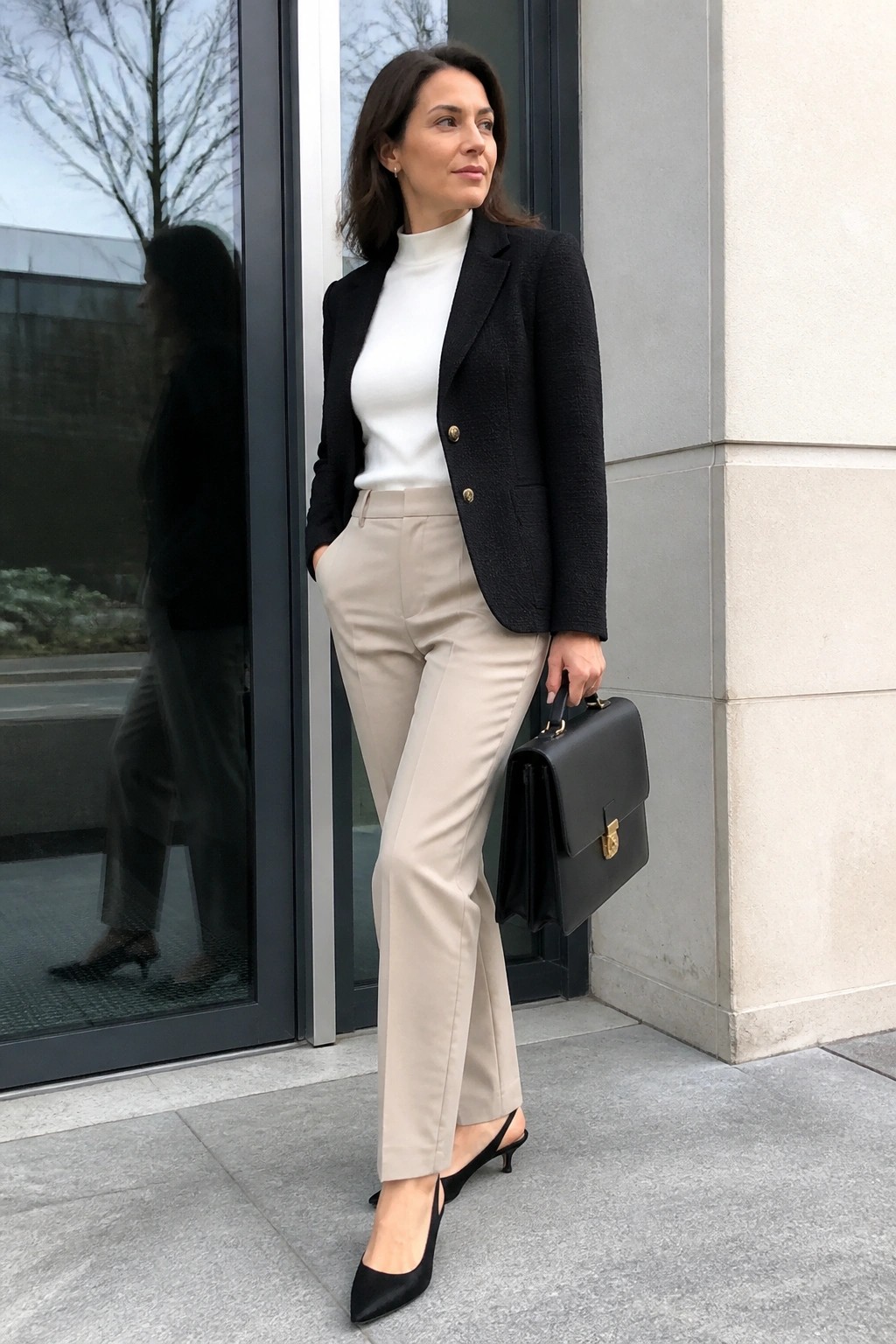Businesswoman in black blazer, white turtleneck, beige pants, holding black bag.