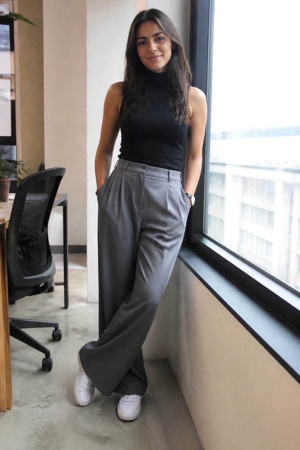 Woman in black sleeveless turtleneck and gray wide-leg pants by office window