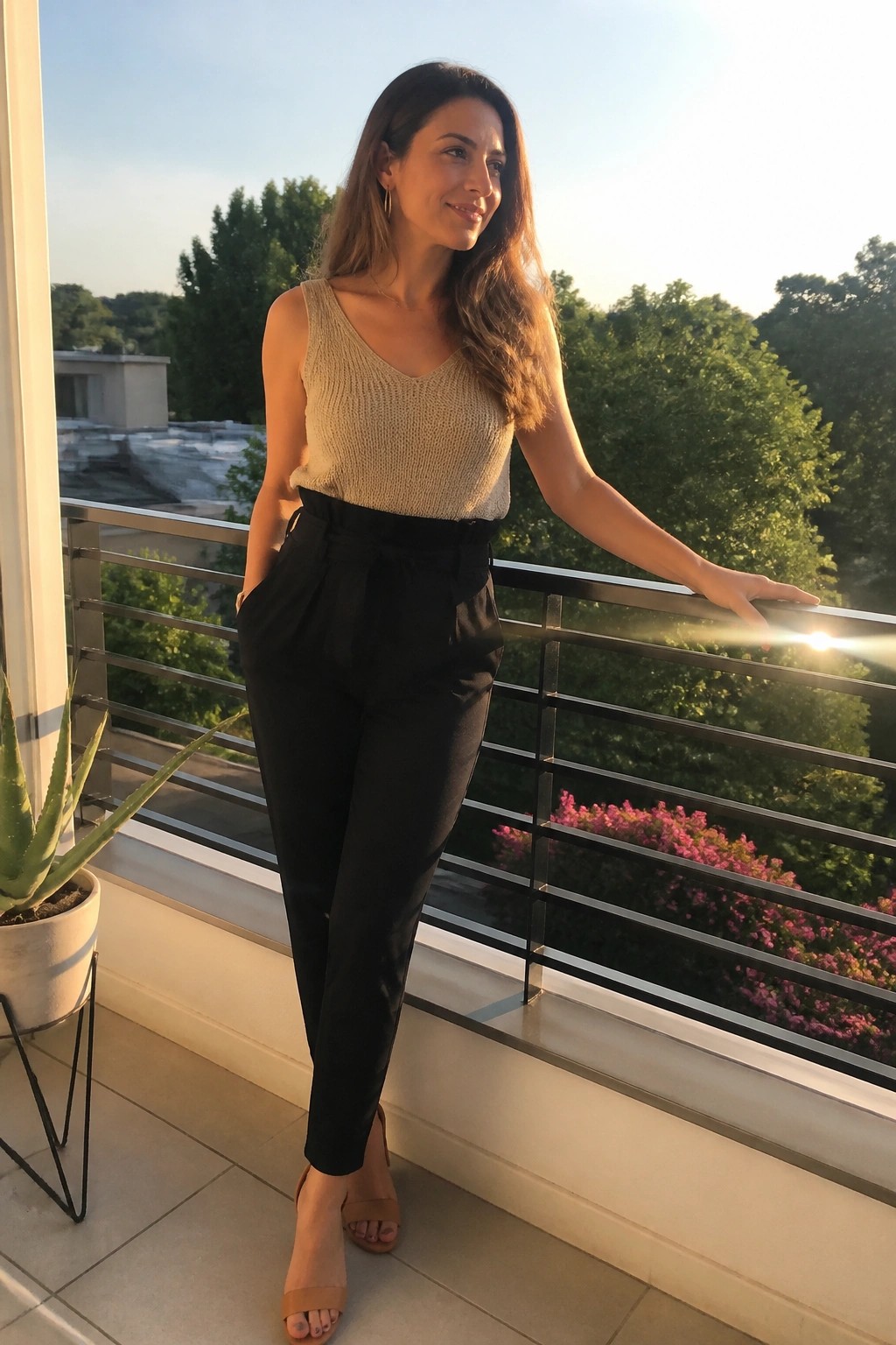 Woman in a beige sleeveless knit tank and black high-waisted paperbag trousers with nude block heel sandals standing on a balcony.