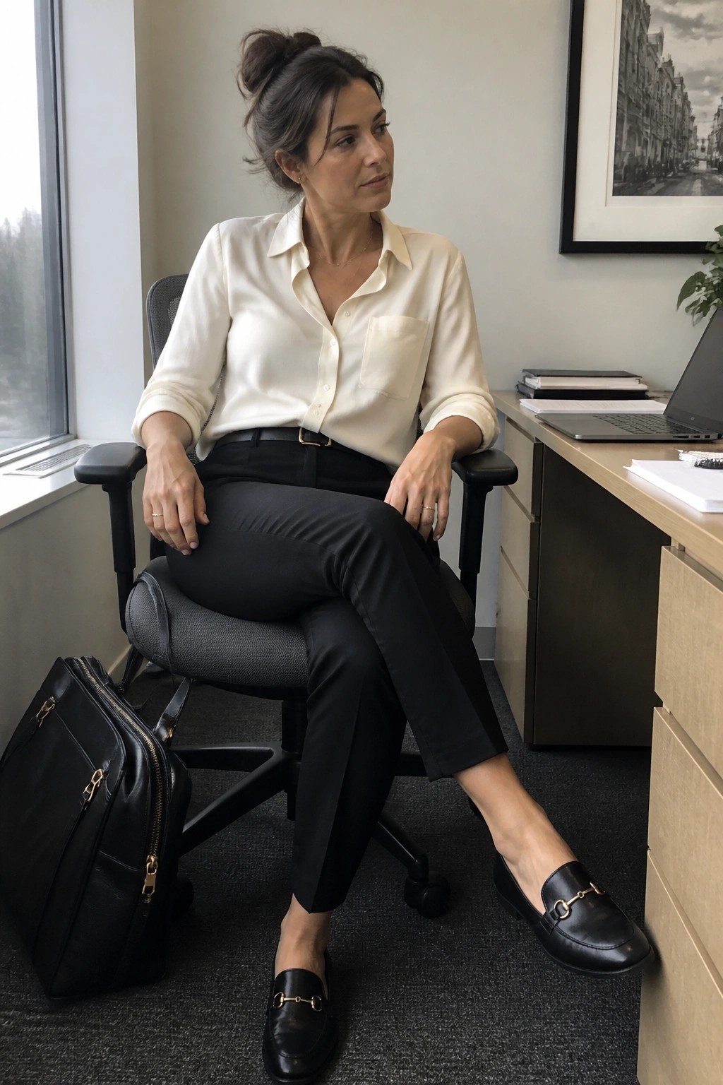 Woman with hair in bun wears cream shirt and black pants in office chair