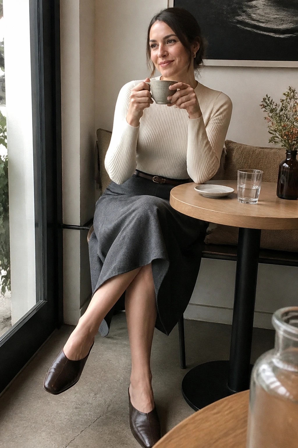 Woman wearing a cream ribbed knit sweater tucked into a gray midi skirt with brown belt and matching brown leather square-toe mules, holding a ceramic mug while seated at a wooden table.