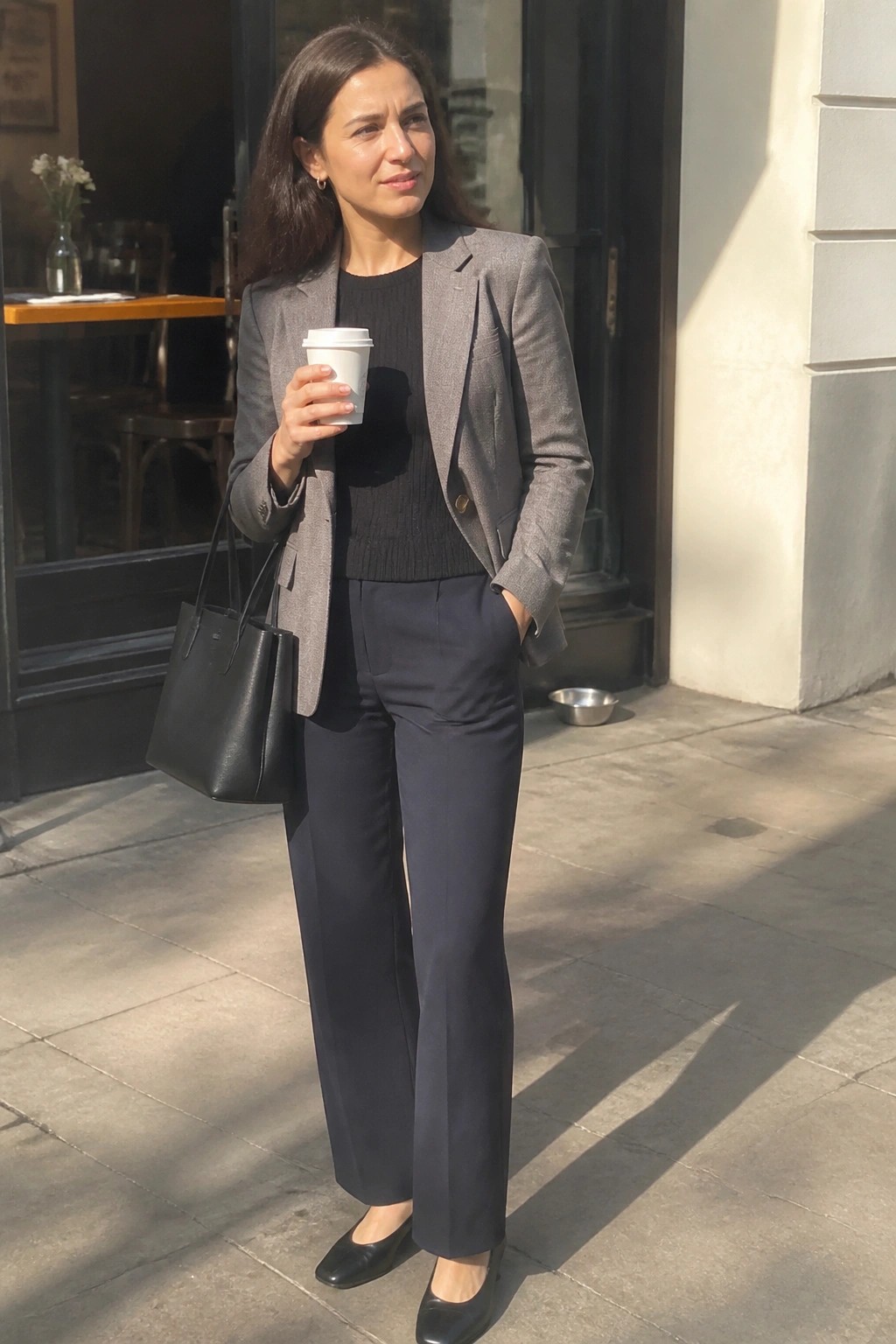 Woman in gray blazer and navy pants holds coffee on sunny sidewalk.