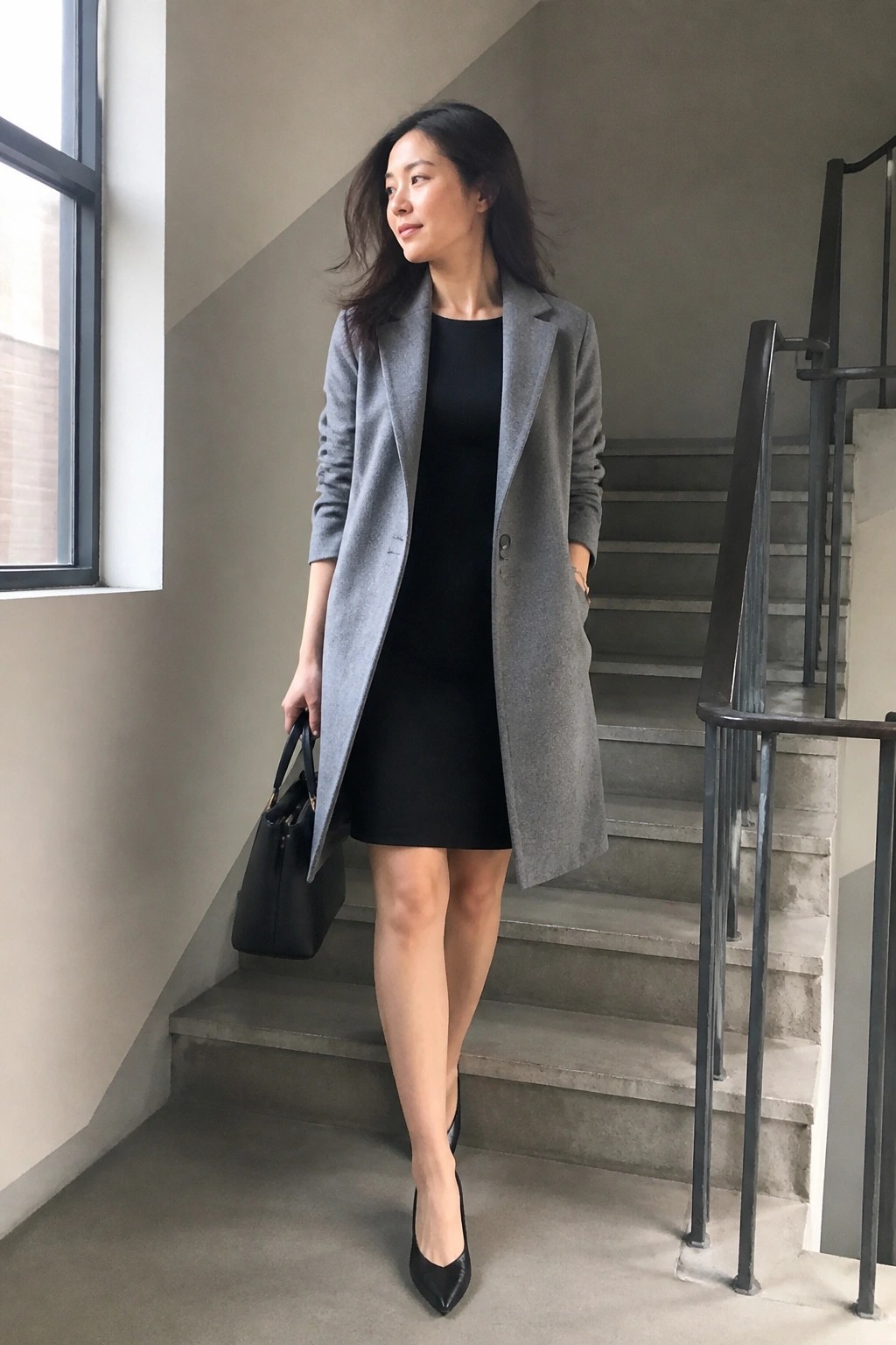 Woman in gray wool coat open over knee length black dress paired with pointed black heels and black handbag standing on concrete stairs