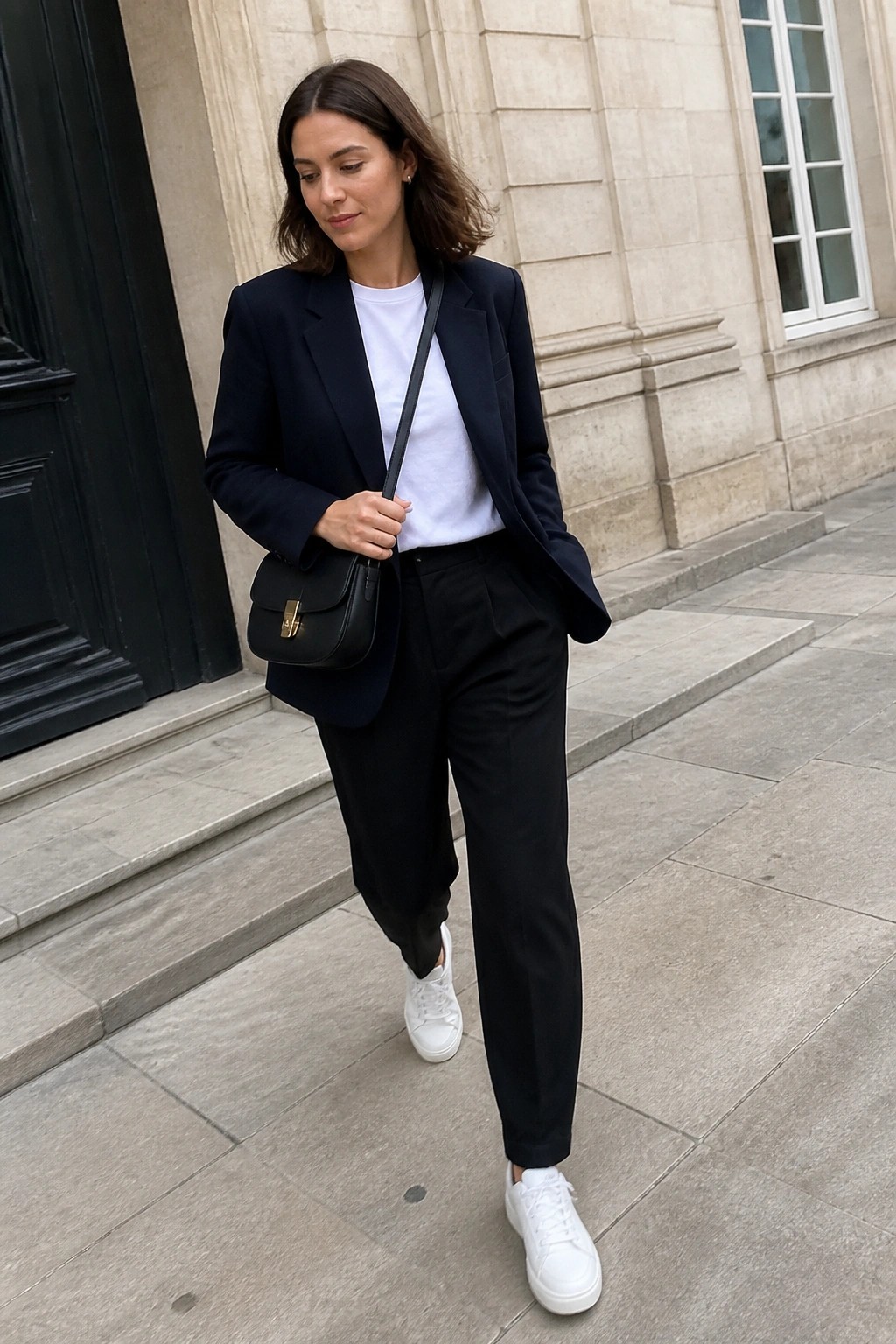 Woman in navy blazer, white tee, black pants, white sneakers with black handbag outdoors