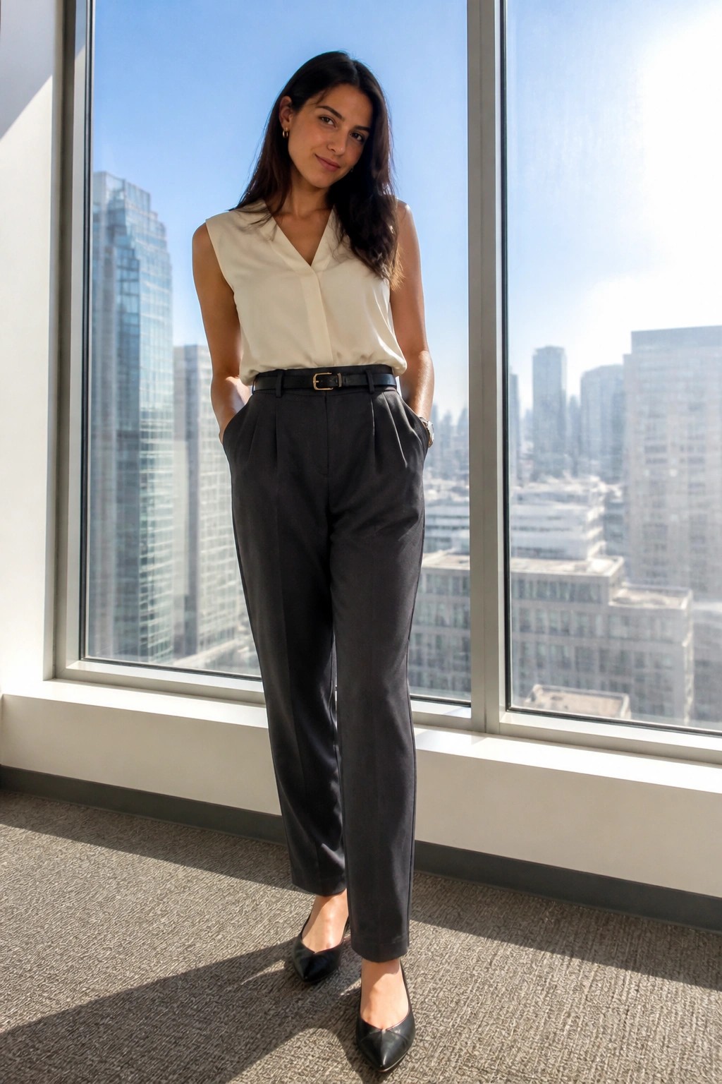 Woman in cream blouse and dark trousers standing by city windows.