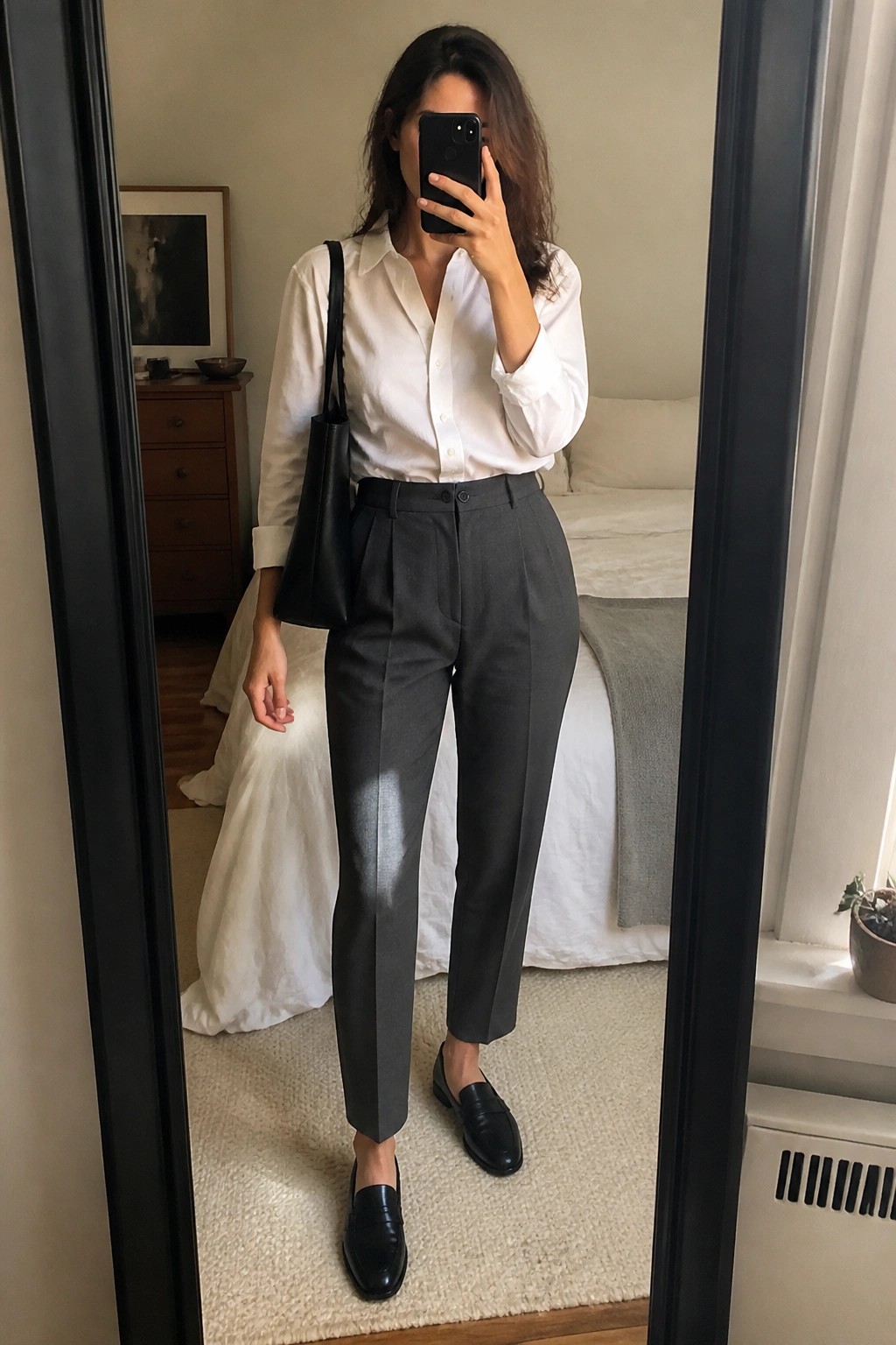 Woman in white shirt and gray trousers taking mirror selfie in bedroom