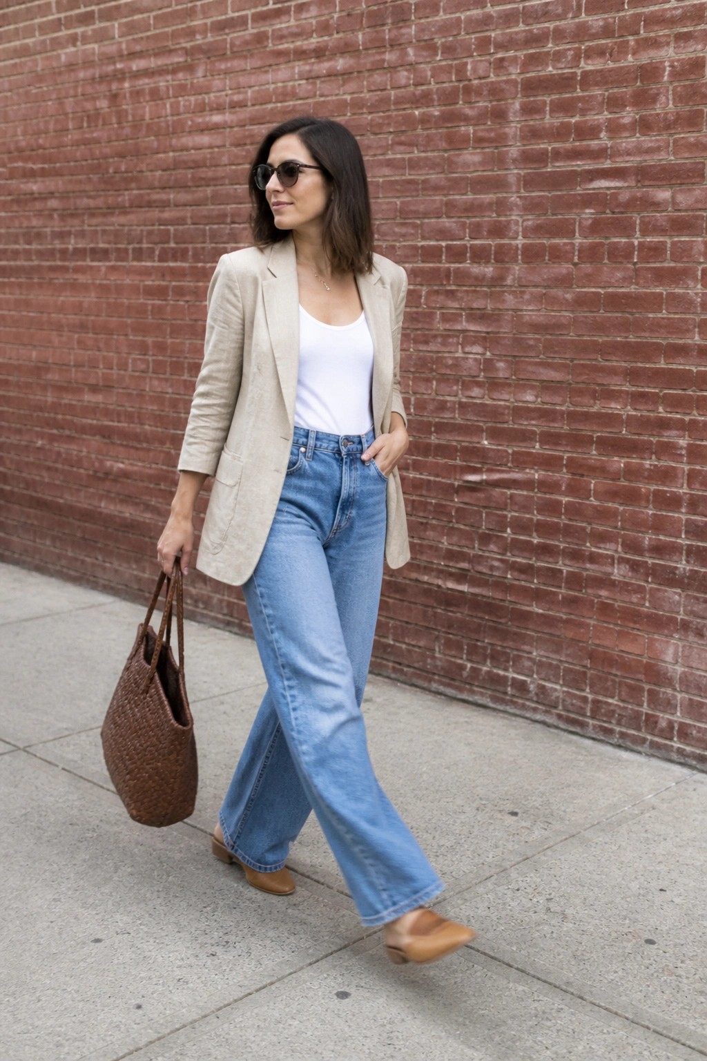 Woman in beige blazer and wide-leg jeans walks by brick wall with woven bag