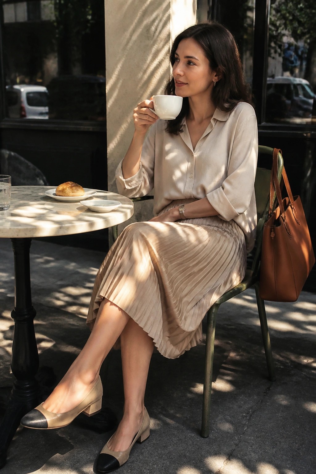 Woman in beige blouse and pleated skirt sips coffee at sunny outdoor café