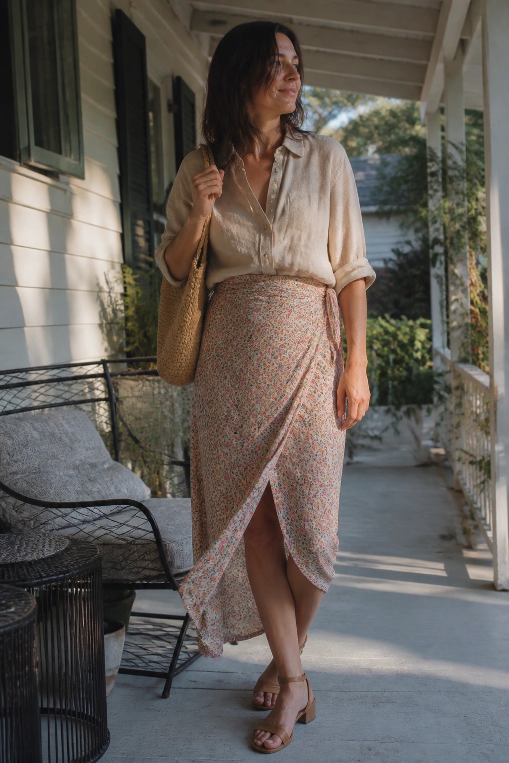 Woman in beige shirt and floral wrap skirt with woven bag on porch