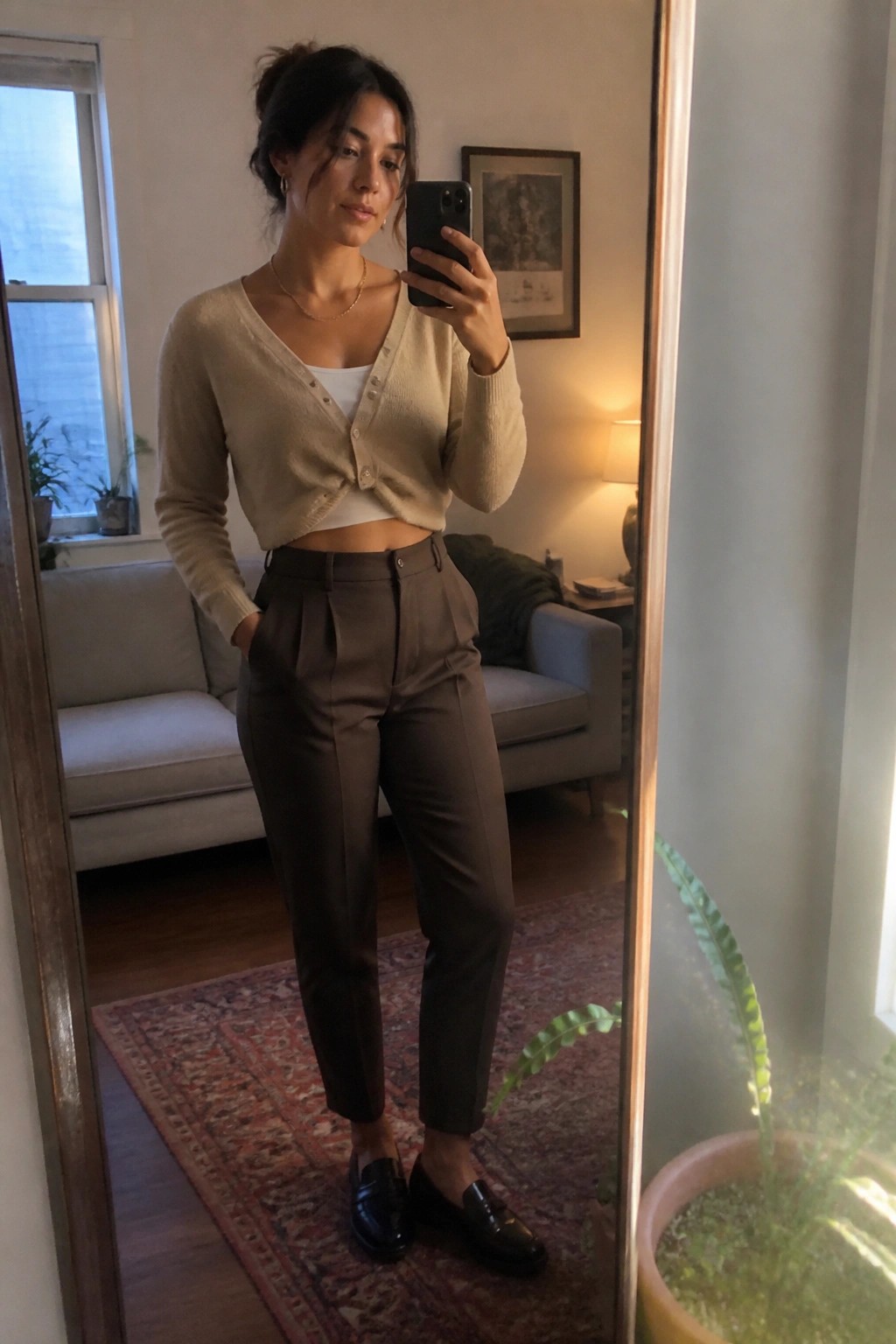 Woman wearing a cropped beige cardigan over a white top with brown pleated trousers and black loafers in a mirror selfie.