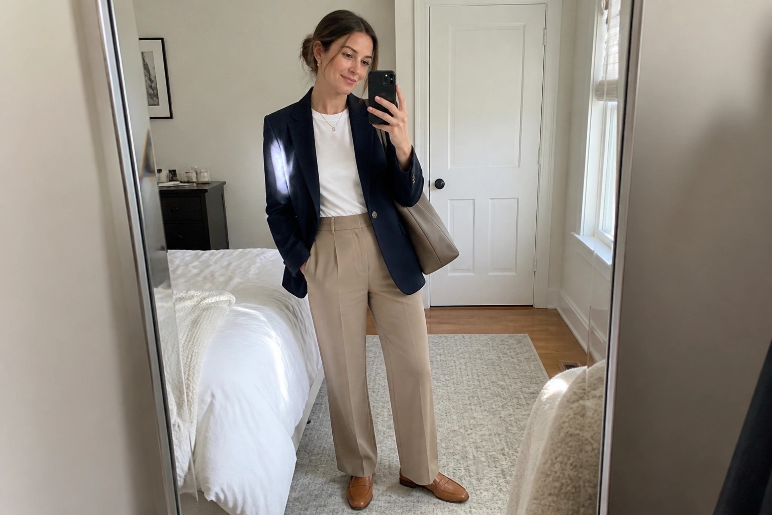 Woman wearing a navy blazer over a white t-shirt with matching navy trousers, brown loafers, and a brown tote bag.