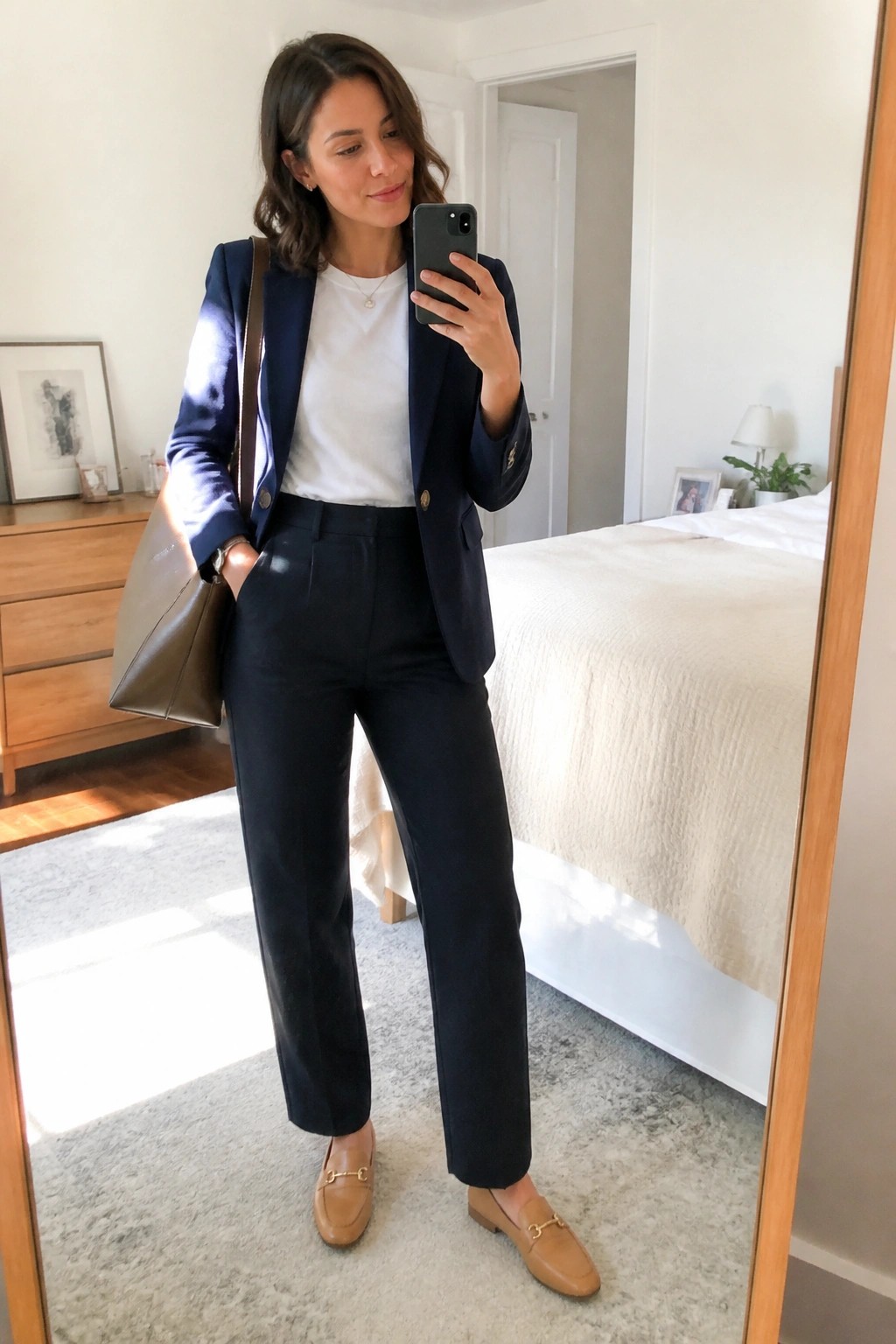 Woman wearing a navy blazer over a white t-shirt with matching navy trousers, brown loafers, and a brown tote bag.