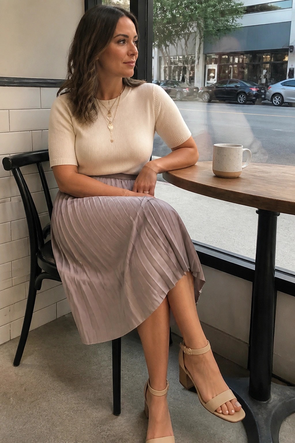 Woman in cream top and lavender pleated skirt at cafe table with mug