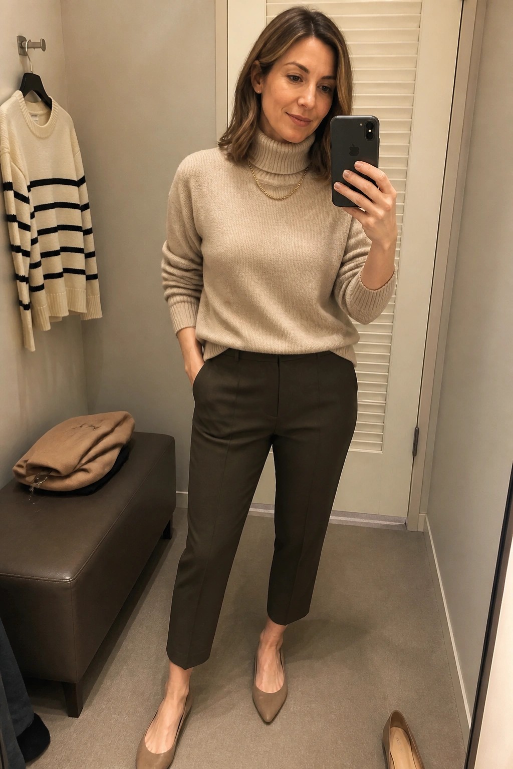 Woman in beige turtleneck and olive pants taking mirror selfie in fitting room.