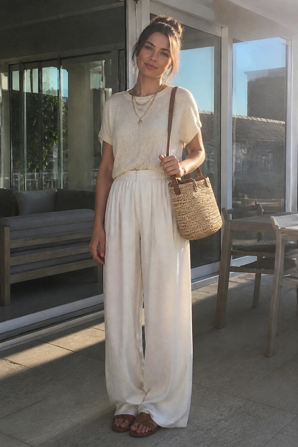 Woman in cream knit top and wide white pants holding woven straw bag on patio