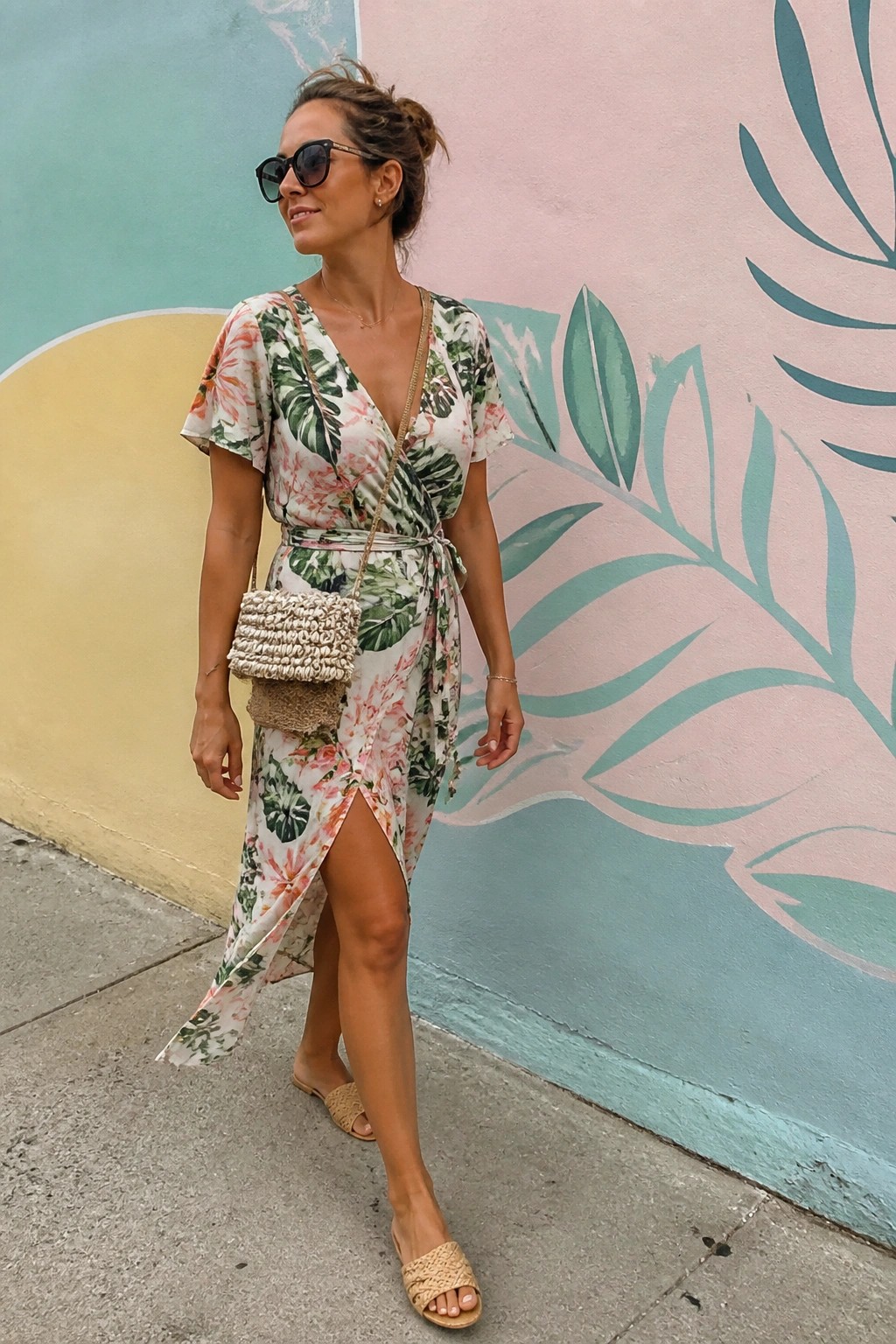 Woman in floral wrap dress with woven bag by colorful leaf mural