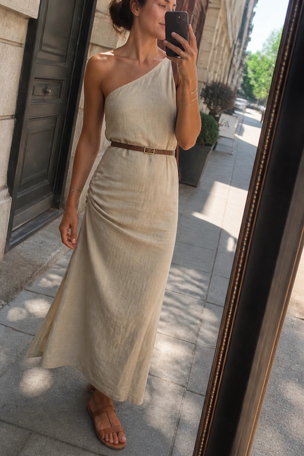 Woman in a beige one shoulder linen midi dress cinched with a brown belt, wearing brown sandals and gold jewelry while holding a phone for a mirror selfie.