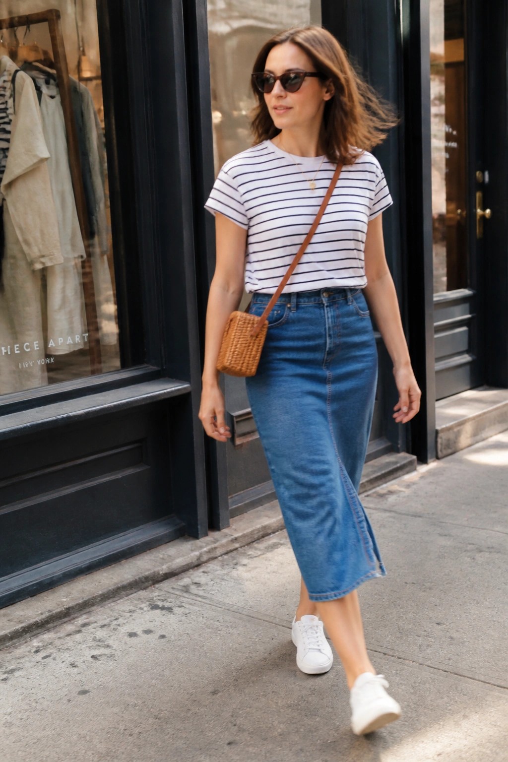 Woman wearing a navy and white striped short sleeve tee tucked into a blue denim midi skirt, paired with white sneakers and a small woven crossbody bag, standing on a city sidewalk.