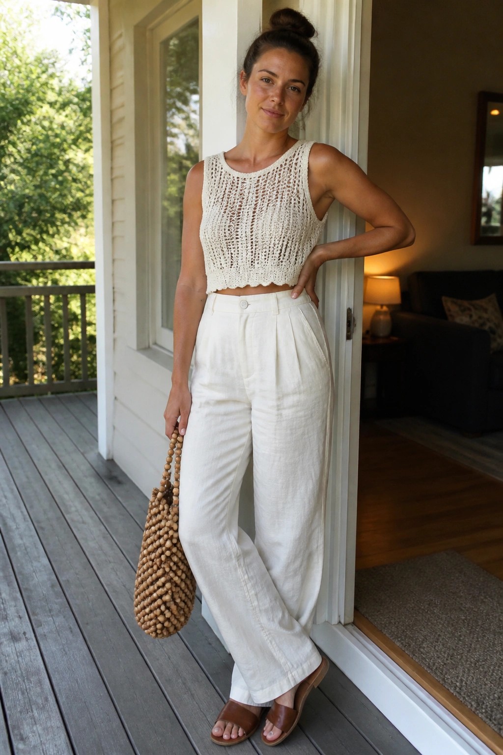 Woman in white crochet crop top and linen pants holding beaded bag on deck.