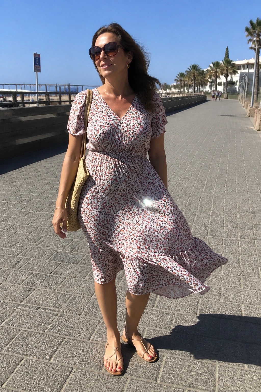 Woman in floral midi dress with straw bag on sunny seaside promenade.
