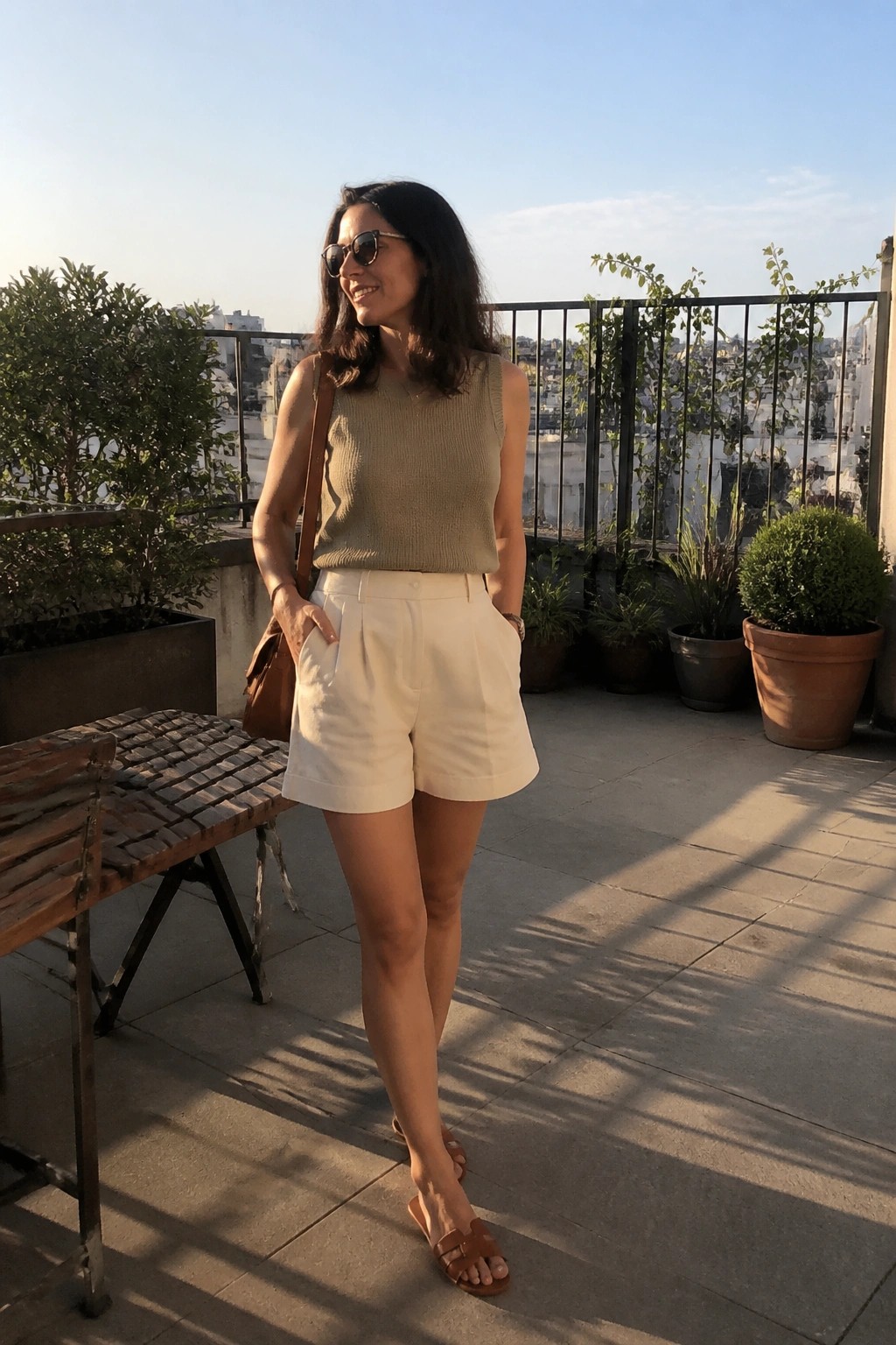 Woman wearing an olive green sleeveless knit tank top with white pleated shorts, brown leather bag, brown sandals and sunglasses on a rooftop terrace.