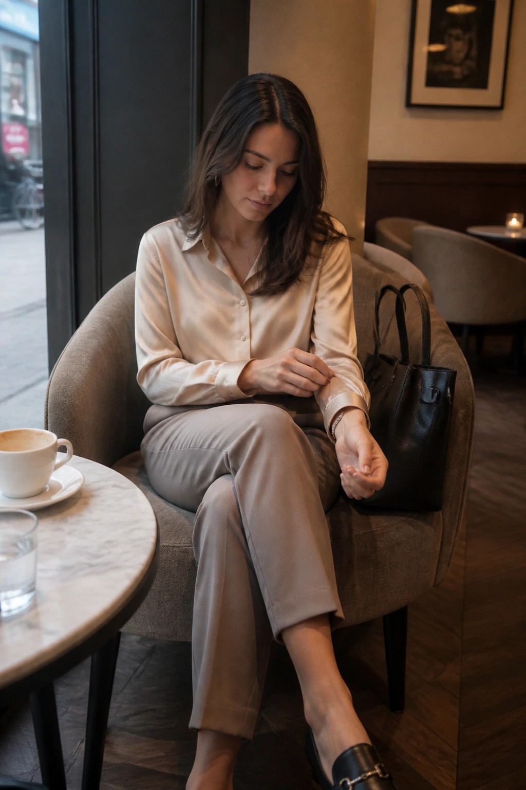 Woman in beige satin blouse seated in cafe armchair beside black handbag
