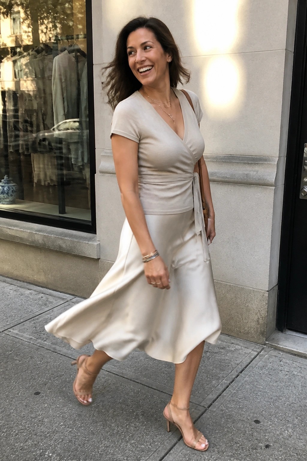 Woman wearing a light beige short-sleeve wrap top tied at the waist paired with a flowing midi skirt in the same soft neutral color, completed with nude strappy heels and delicate gold jewelry.
