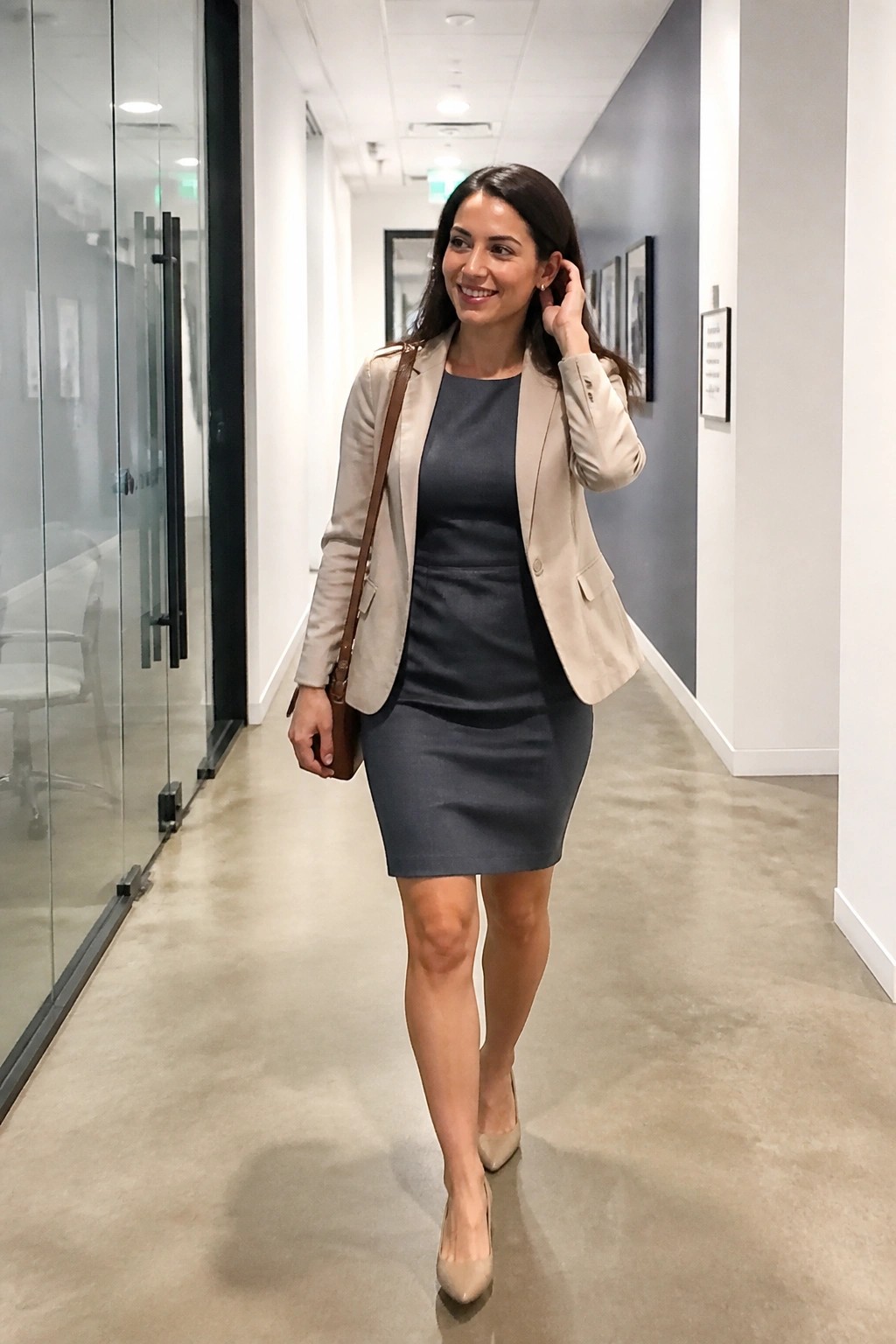 Smiling woman in beige blazer and gray dress walks through modern office hallway.