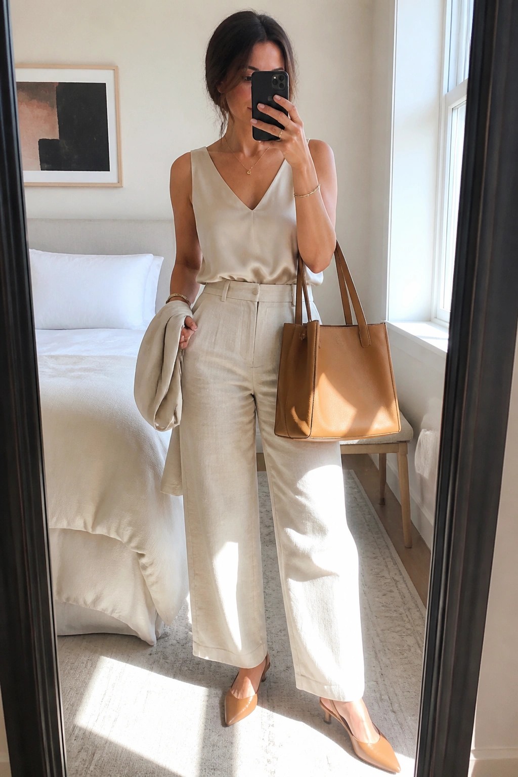 Woman in beige outfit holding brown tote and blazer for mirror selfie in bedroom
