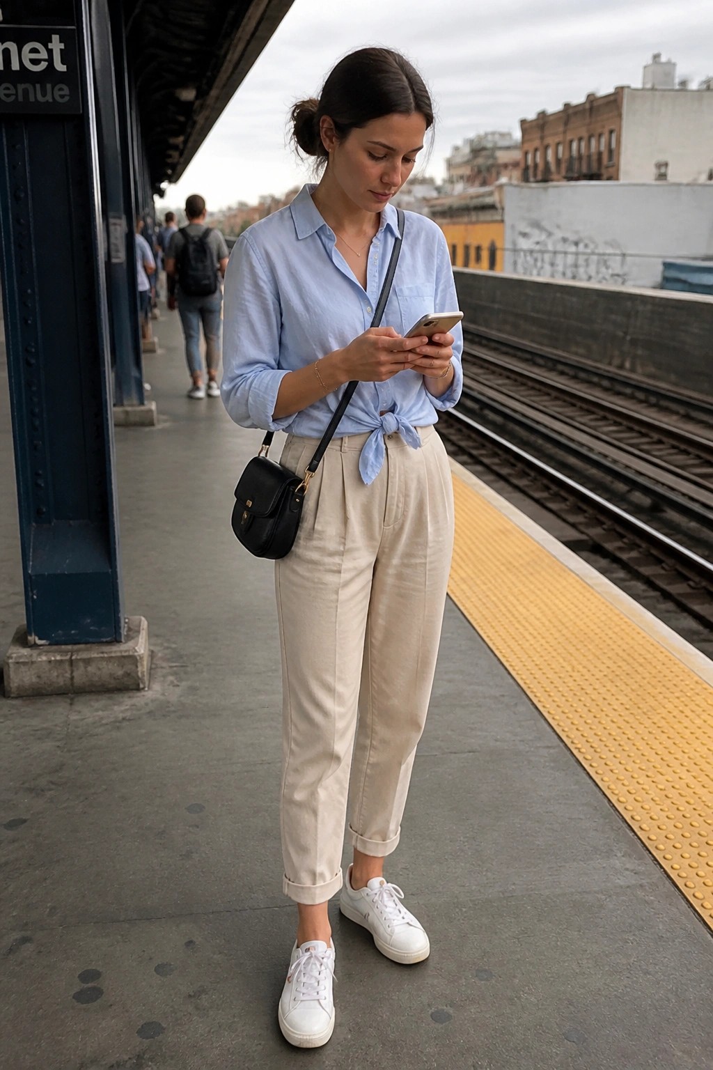 Woman in light blue tied shirt and beige pants on subway platform.