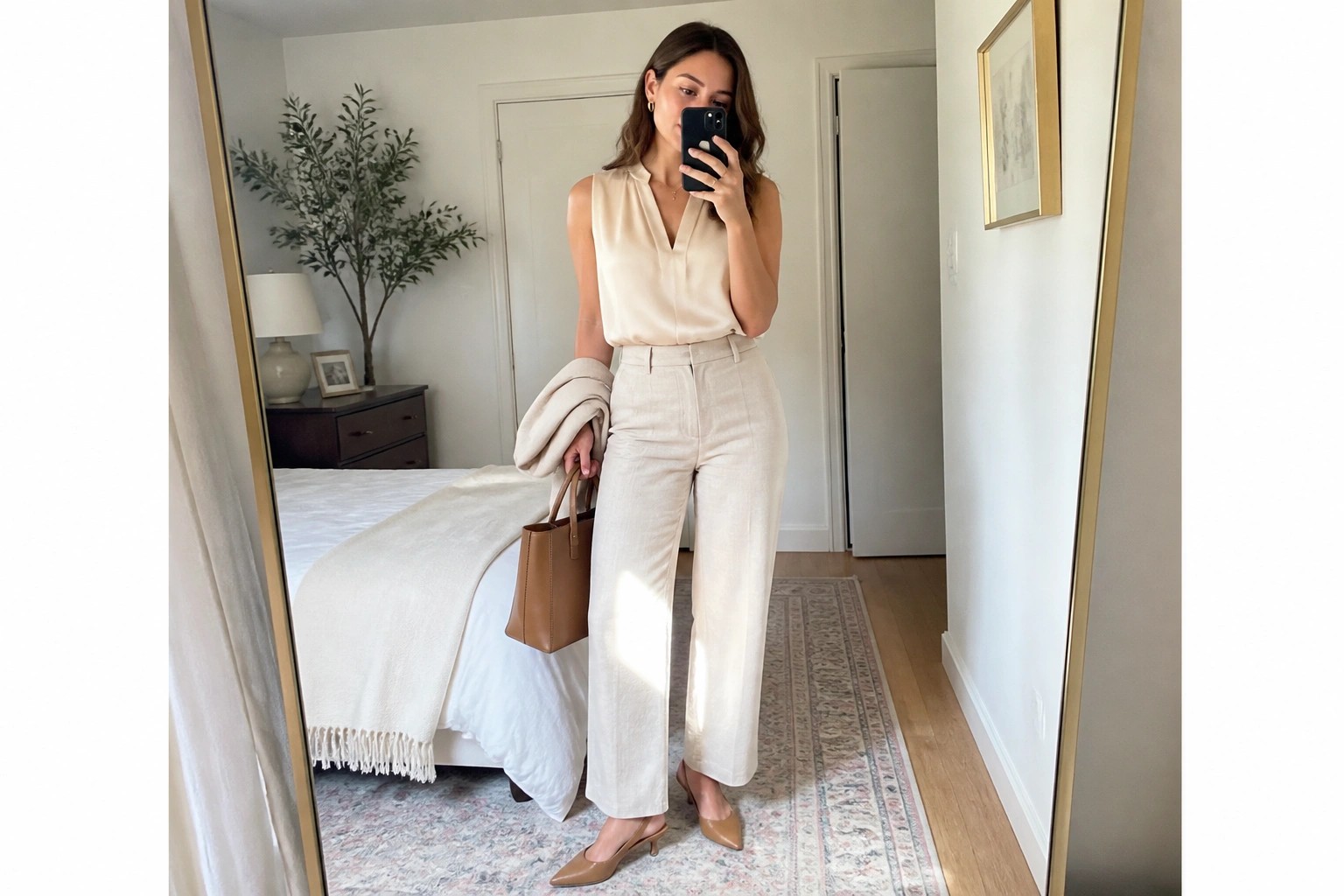 Woman in beige outfit holding brown tote and blazer for mirror selfie in bedroom