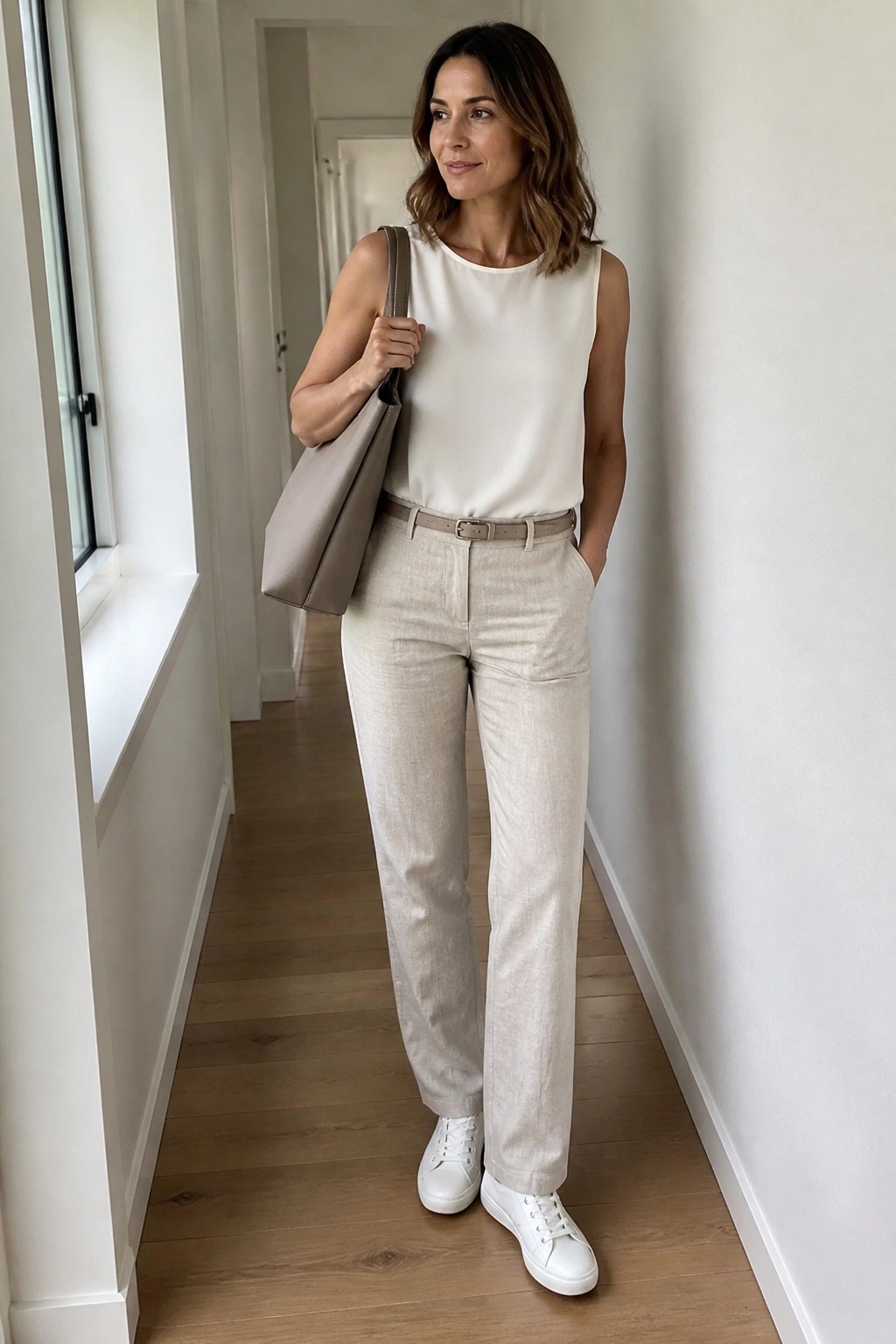 Woman wearing light beige linen trousers with matching belt, white sleeveless blouse, white sneakers, and carrying a taupe leather tote bag in a hallway setting.