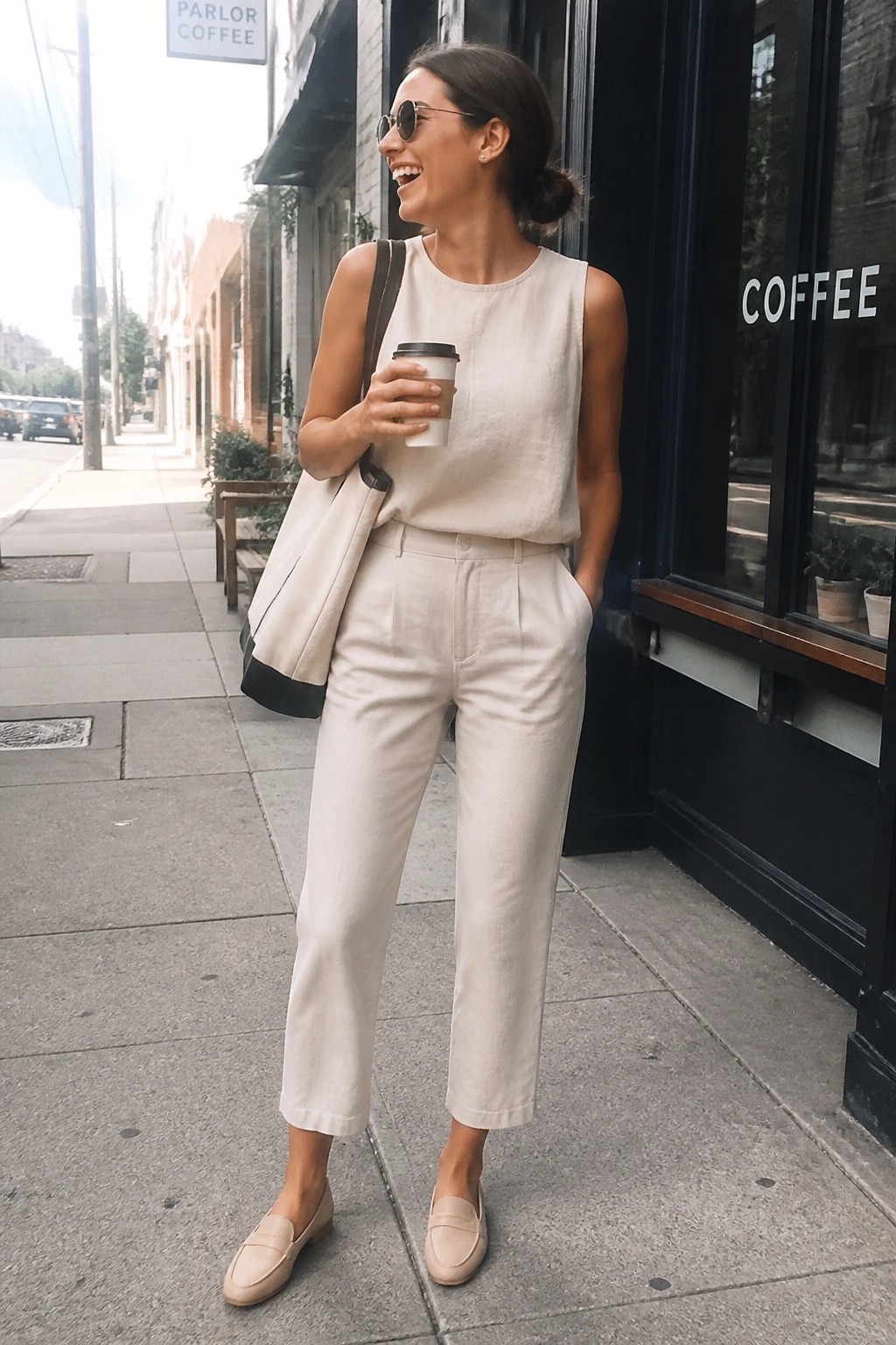 Smiling woman in beige linen outfit holds coffee on urban sidewalk.