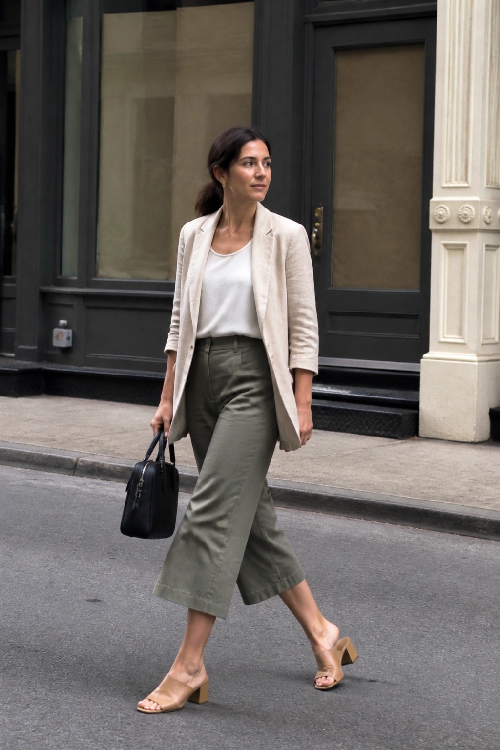 Woman in beige blazer and olive pants carries black bag on city sidewalk