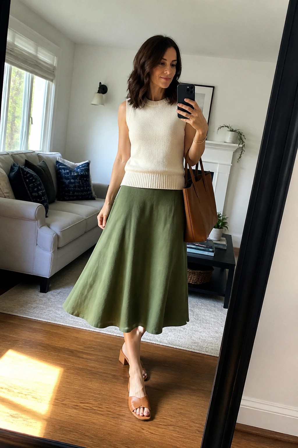 Woman in cream knit top and green midi skirt taking mirror selfie with tote