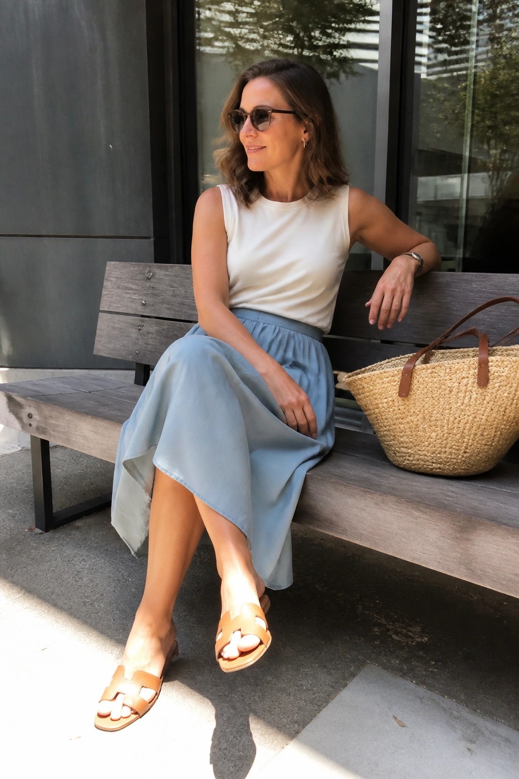 Woman in white top and blue skirt on bench with straw bag
