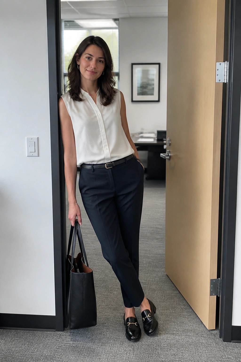 Woman in white sleeveless button-up blouse tucked into navy tailored trousers with black belt and black loafers holding a black tote bag in an office doorway.